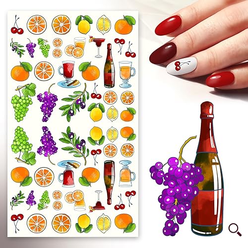 Adhesivos para uñas (5 hojas) FLONZNAIL Dulces Frutas y Sabrosas Vegas, Decoración de Uñas