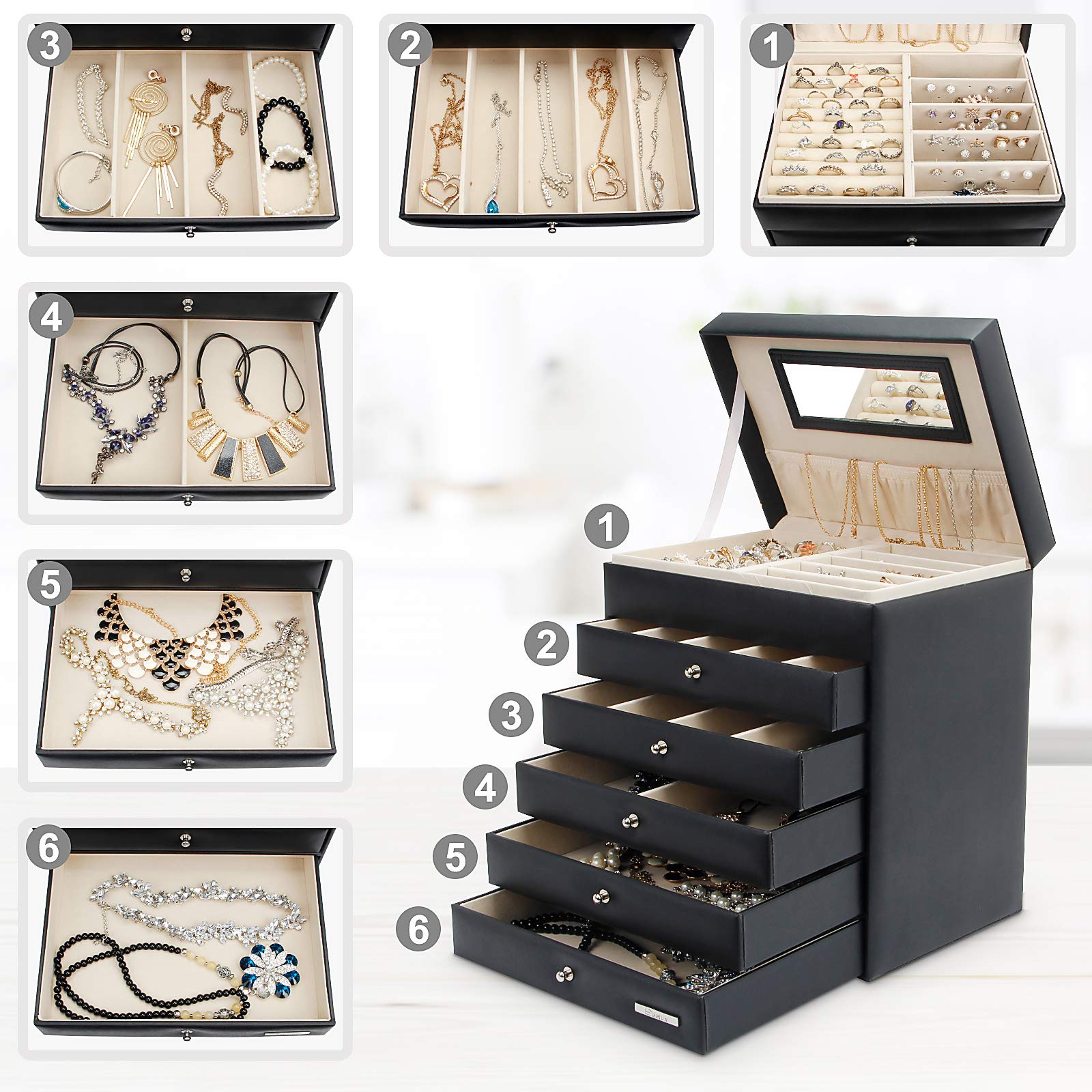 Yorbay Portagioie Scatole per gioielli Custodia con specchio Cofanetto orologi braccialletti anelli (5 cassetti, Nero) Riutilizzabile