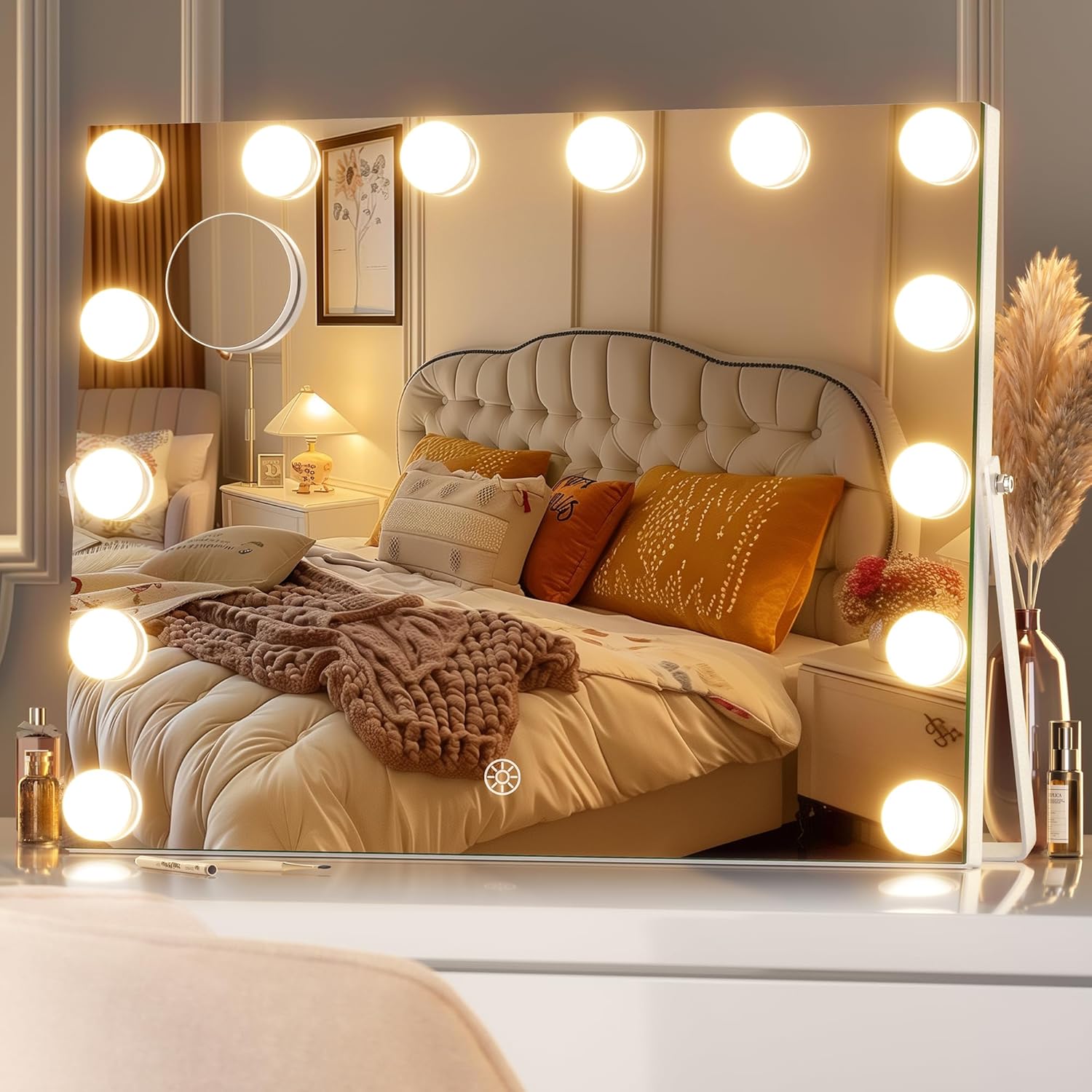 Hasipu Vanity Mirror with Lights, 17.7" x 13.8" Hollywood Mirror, Makeup Mirror with 14 Dimmable Bulbs, 3 Colors Modes, Touch Control, 360° Rotation, White White 17.7" x 13.8"