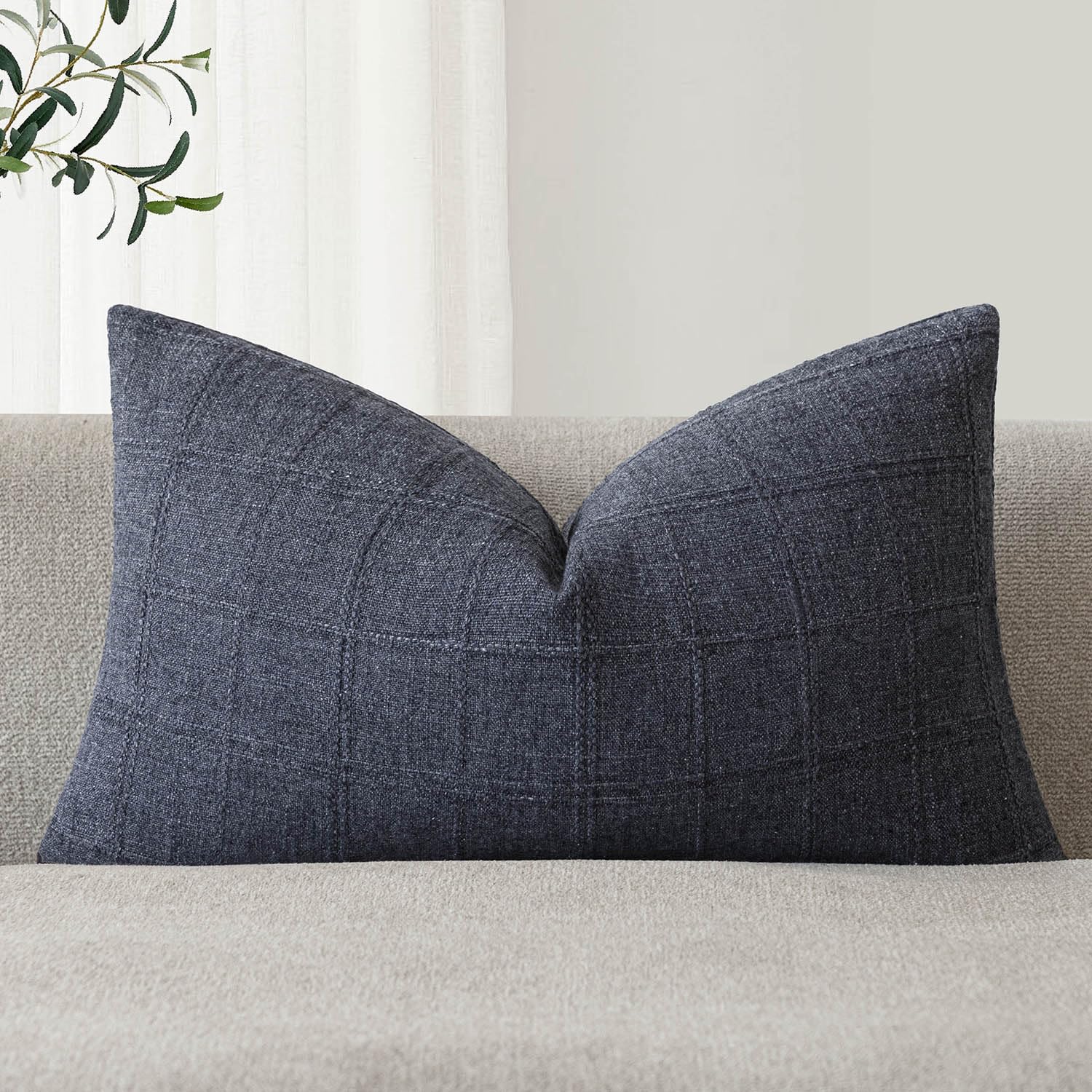 Foindtower Set of 1 Decorative Linen Check Throw Pillow Cover Neutral Farmhouse Lumbar Cushion Cover Modern Boho Home Decor for Sofa Chair Couch Bedroom Living Room,12×20 Inch,Navy Blue