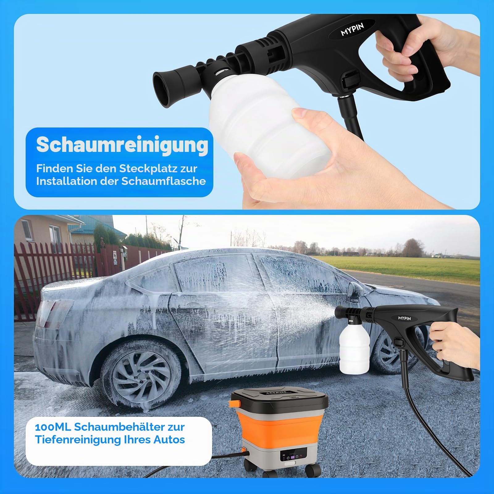 MYPIN klappbarer kabelloser Hochdruckreiniger 3.4Gallon Tank, 6-in-1 Düse, 7 einstellbare Druckstufen, Max 660 PSI, 7M Schlauch, Sprühreiniger mit Rädern für Auto Boden Wand Zaun, Haustier Reinigung