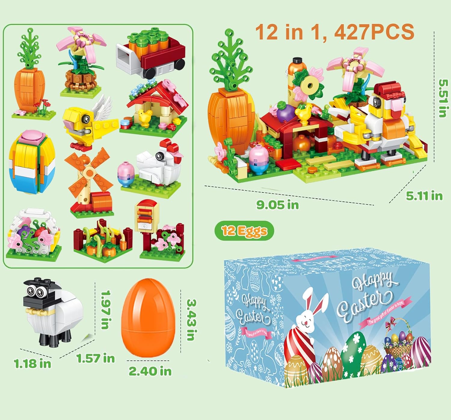 12 Pack Easter Egg Fillers with Farm Building Blocks Easter Theme Party Favors, Supplies for Easter Eggs Hunt, Basket Stuffers Toy, 427 Pcs Building Blocks Kit Ornaments Gift for Boys Girls Teenagers