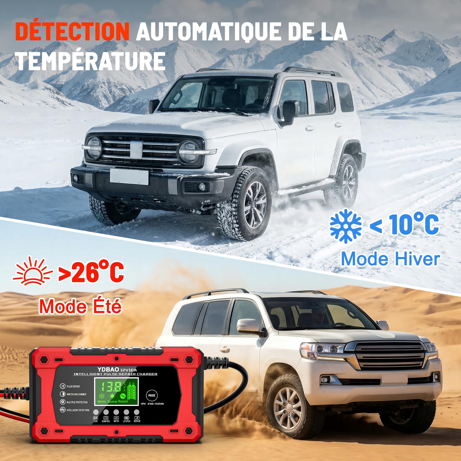 YDBAO Chargeur Batterie Voitures 10A 12V LiFePO4 Chargeur de Batterie Moto Auto Intelligent avec Réparation Écran LCD Mode Protection pour Voiture Moto Camion AGM Gel Wet SLA LiFePO4