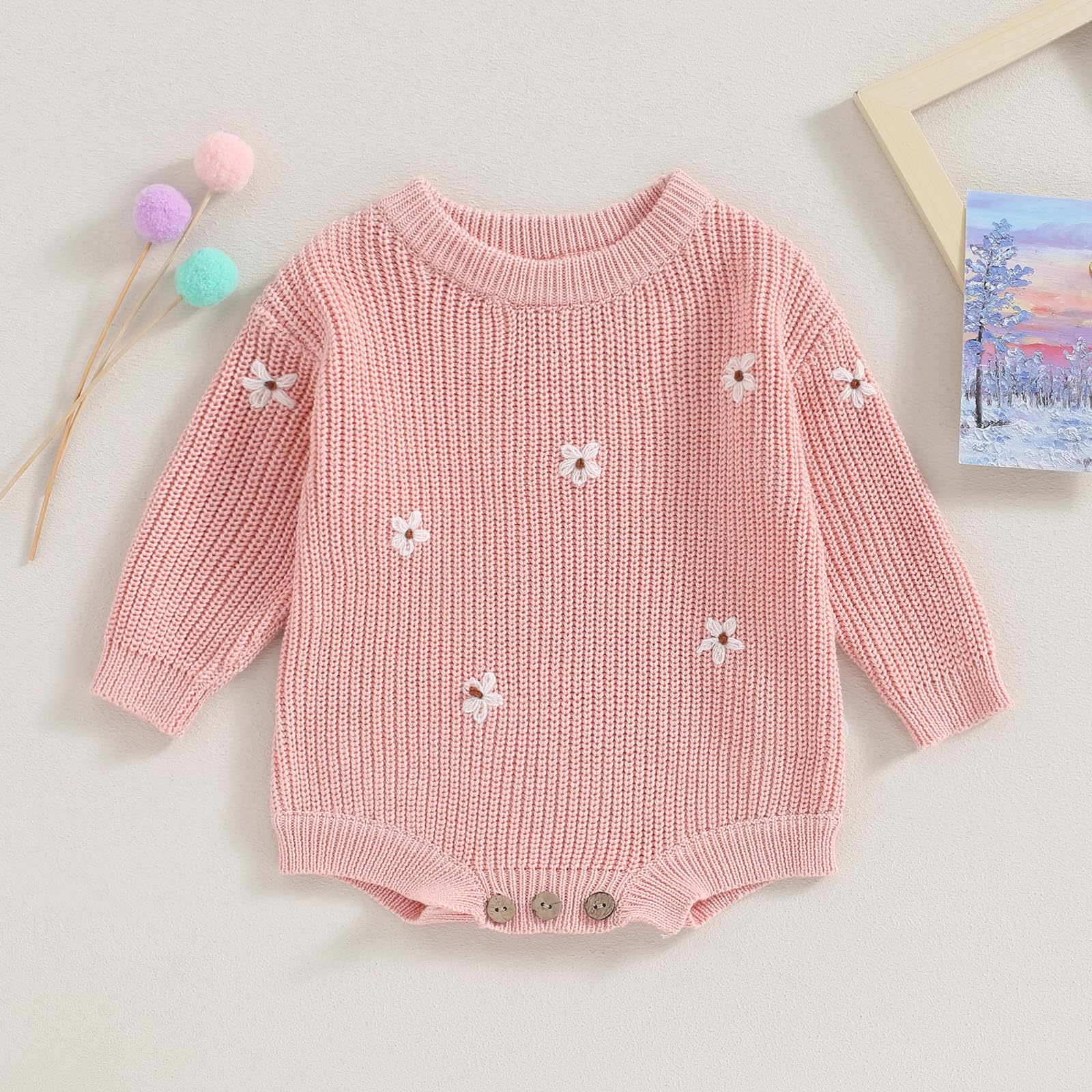 Douhoow Baby Sweater Romper Knit Baby Sweater Infant Girl Boy Sweatshirt Romper Fall Winter Outfits (Pink-1, 6-9 Months)