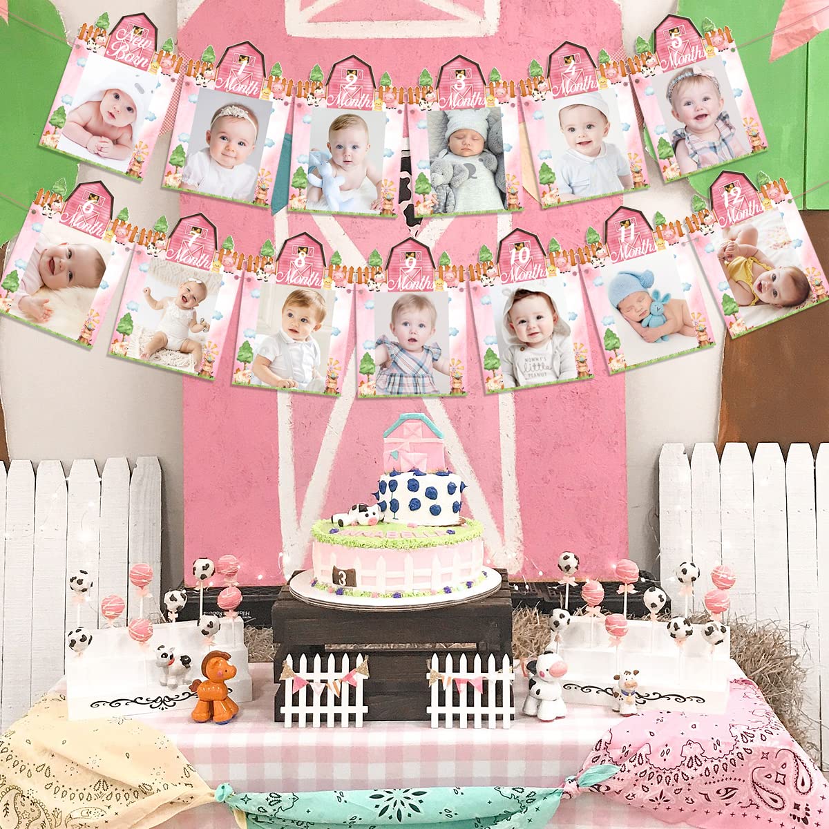 Banner fotografico per il 1° compleanno di animali da fattoria rosa per