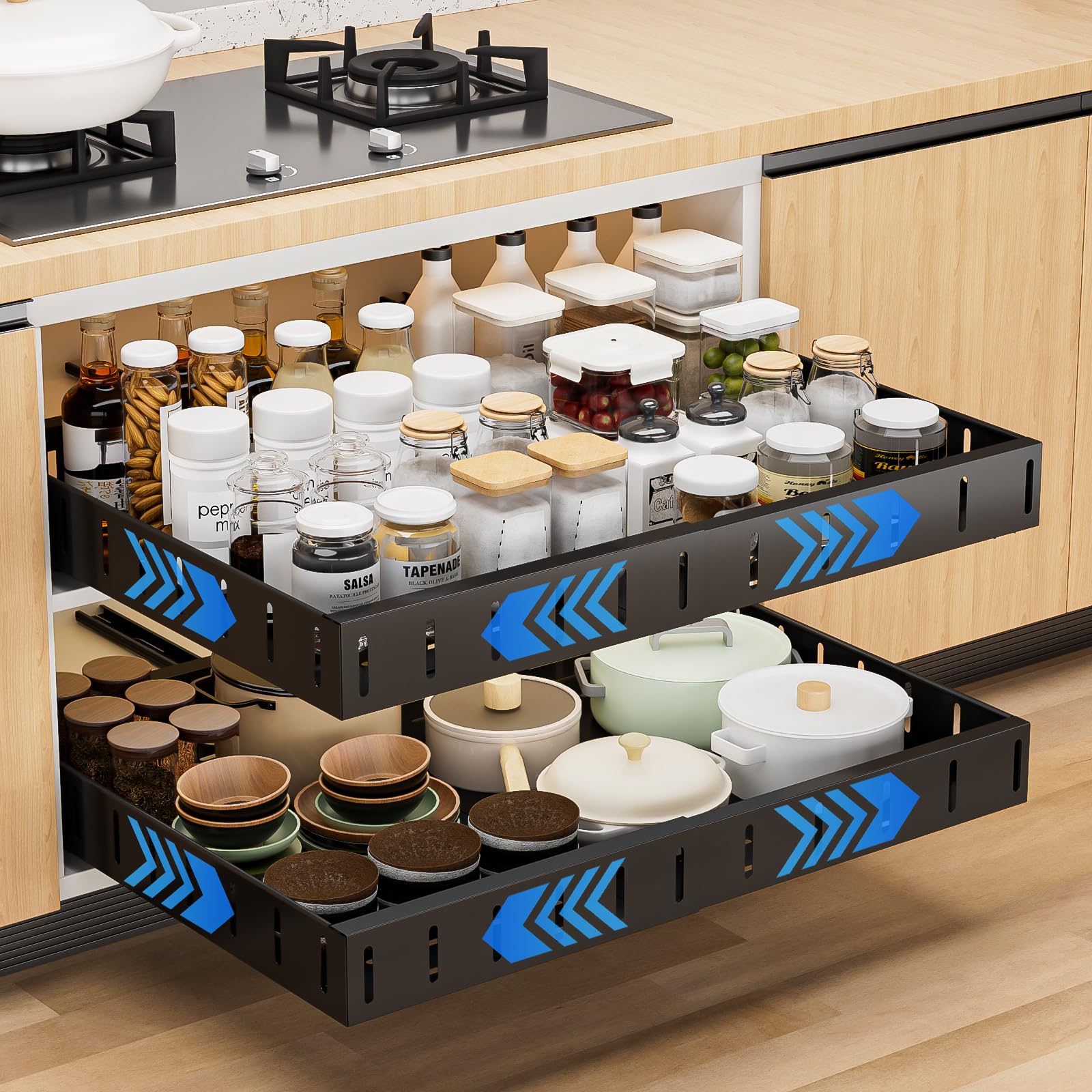 Cassetto Estraibile Cucina, 2 Pezzi Larghezza Regolabile 30-50CM Cassetto Telescopico Cucina, Cassetti Scorrevoli per Senza Trapano