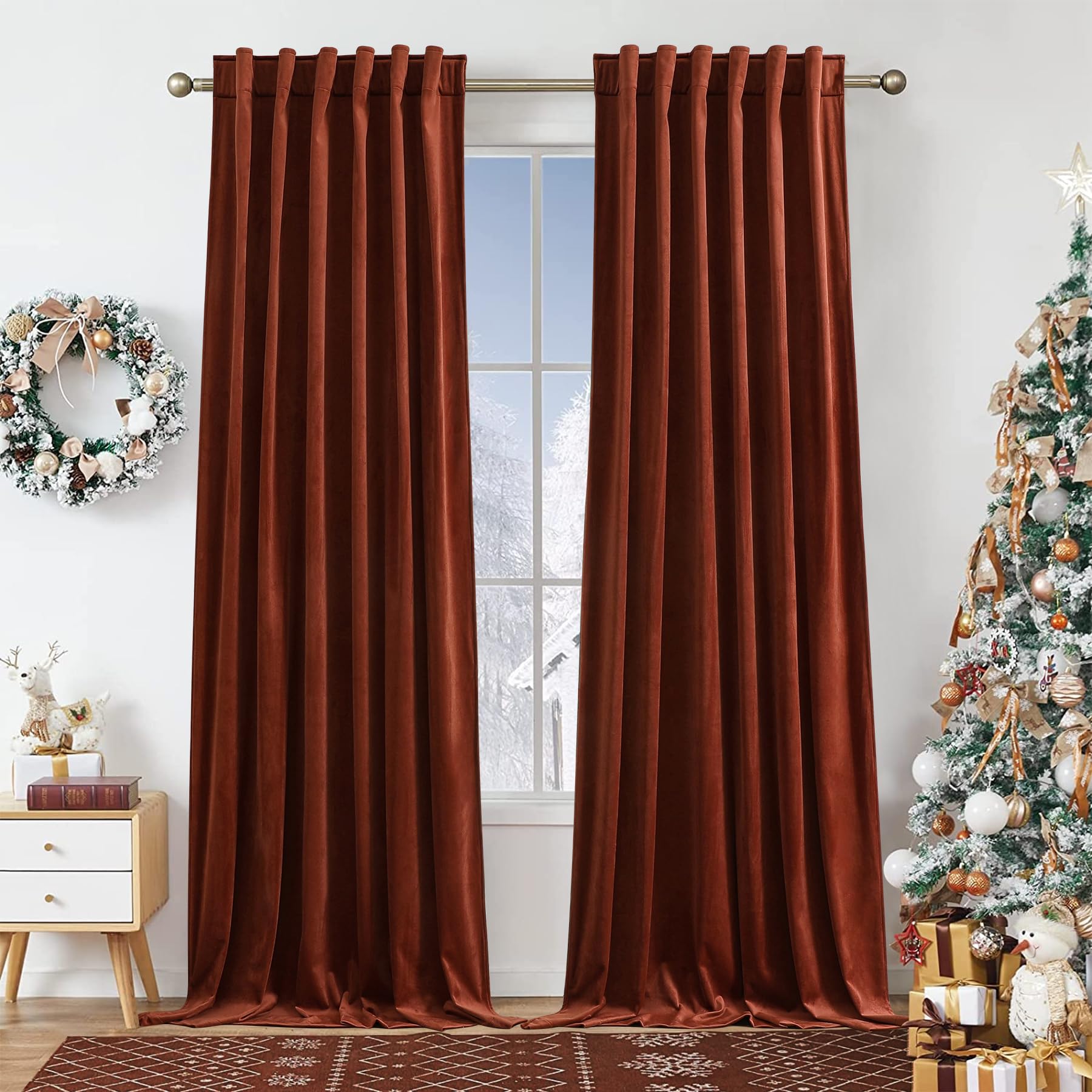 burnt orange velvet curtains for bedroom window with back tab, super soft vintage luxury heavy drapes, room darkening thermal insulated curtain for living room, w52 by l96 inches, 2 panels