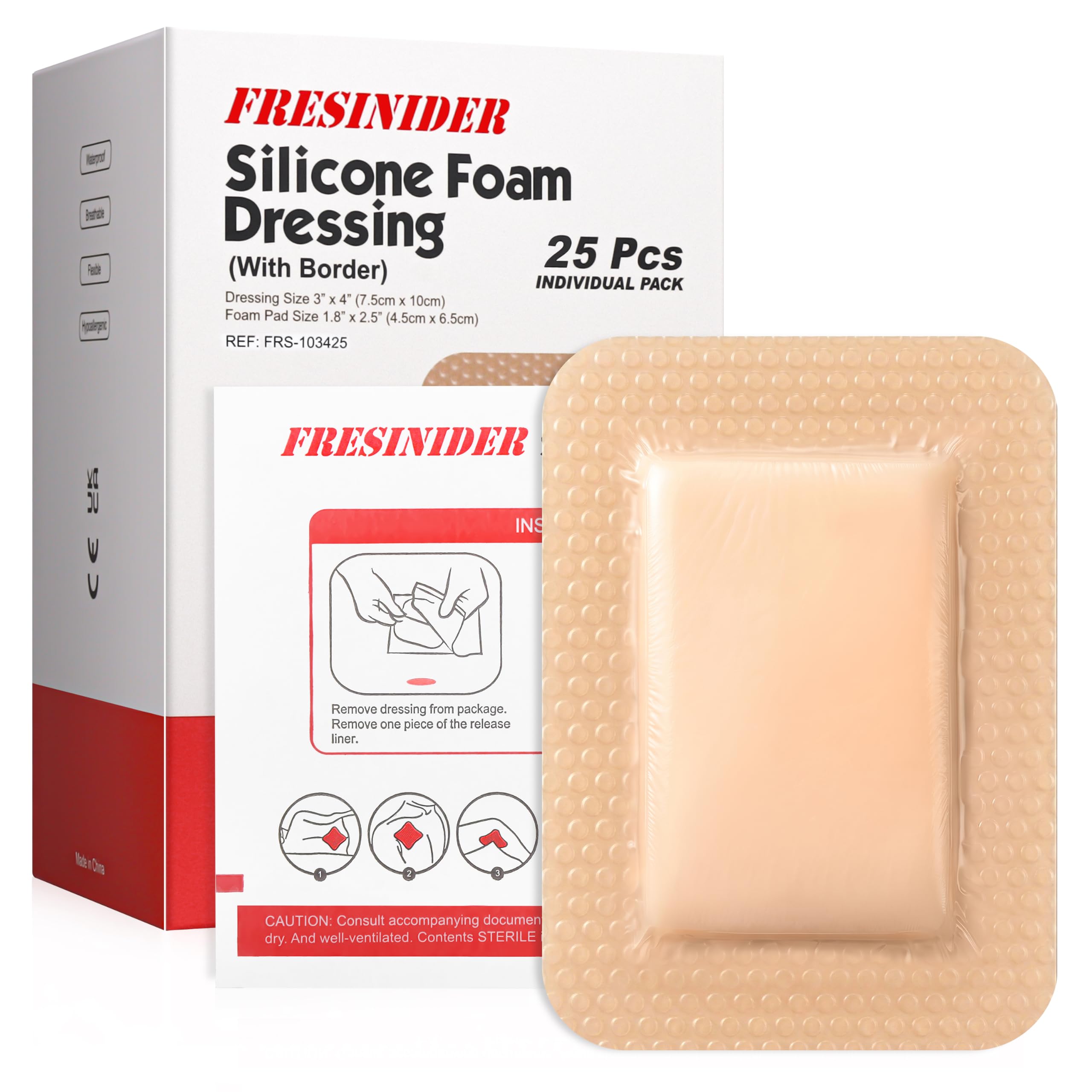 FRESINIDER Silicone Foam Dressing 3" x 4", 25 Pack – Value Pack Silicone Border Dressing for Pressure Sores, Post-Op Wounds &amp; Daily Care – Breathable, Absorbent &amp; Gentle on Skin