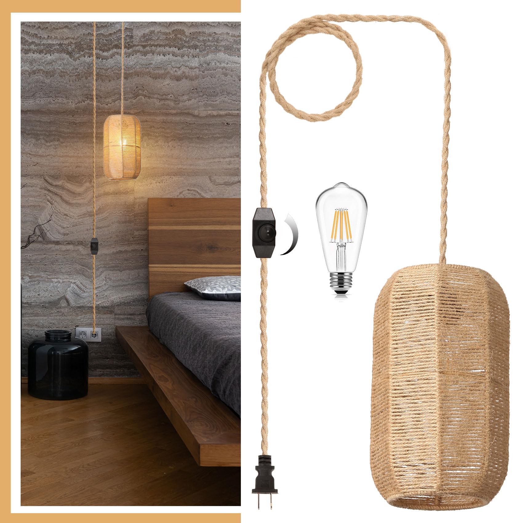 CQQJIE Plug in Pendant Light Rattan Hanging Lights with Plug in Cord with Woven Hemp Rope Lamp Shade,Dimmable Switch,Boho Plug in Ceiling Light Fixtures for Kitchen,Farmhouse,Bedroom (Lantern-Shaped)