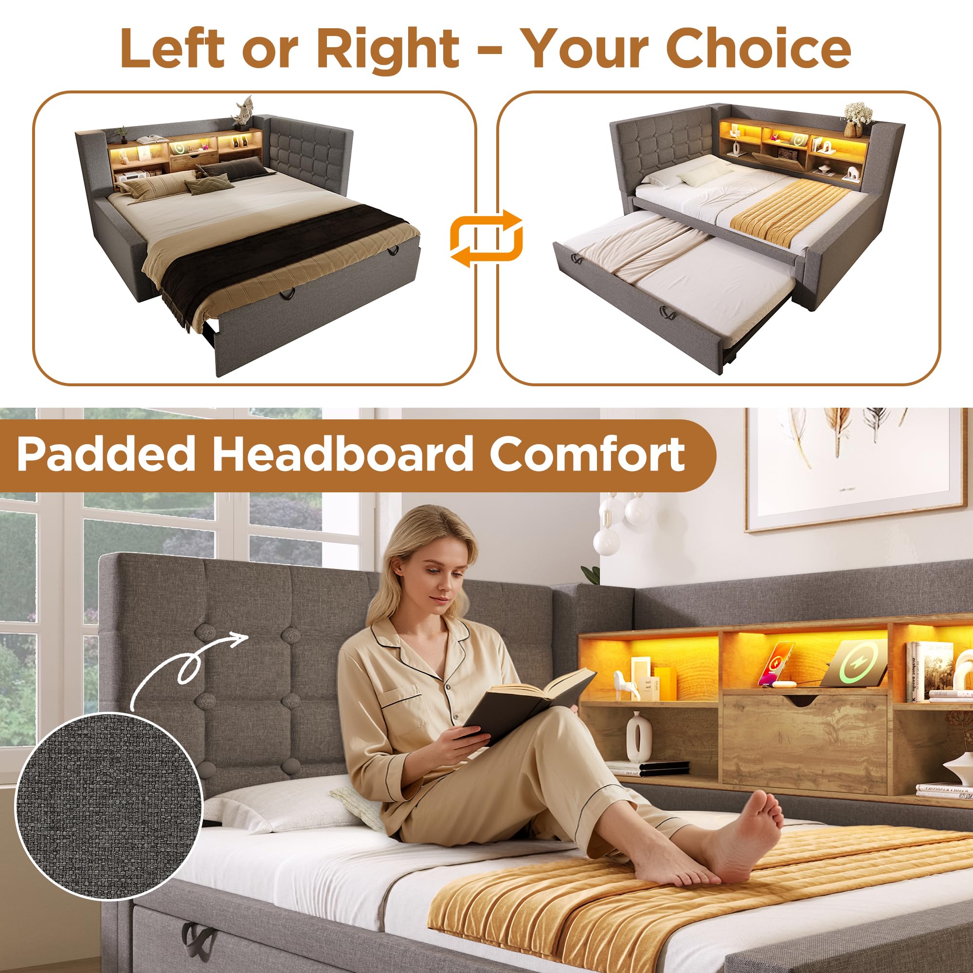 Cama tapizada de 90 x 200 cm con cama nido de 90 x 190 cm, iluminación LED, cama de almacenamiento, cabecero en forma de L con espacio de almacenamiento, montaje por ambos lados, somier, lino
