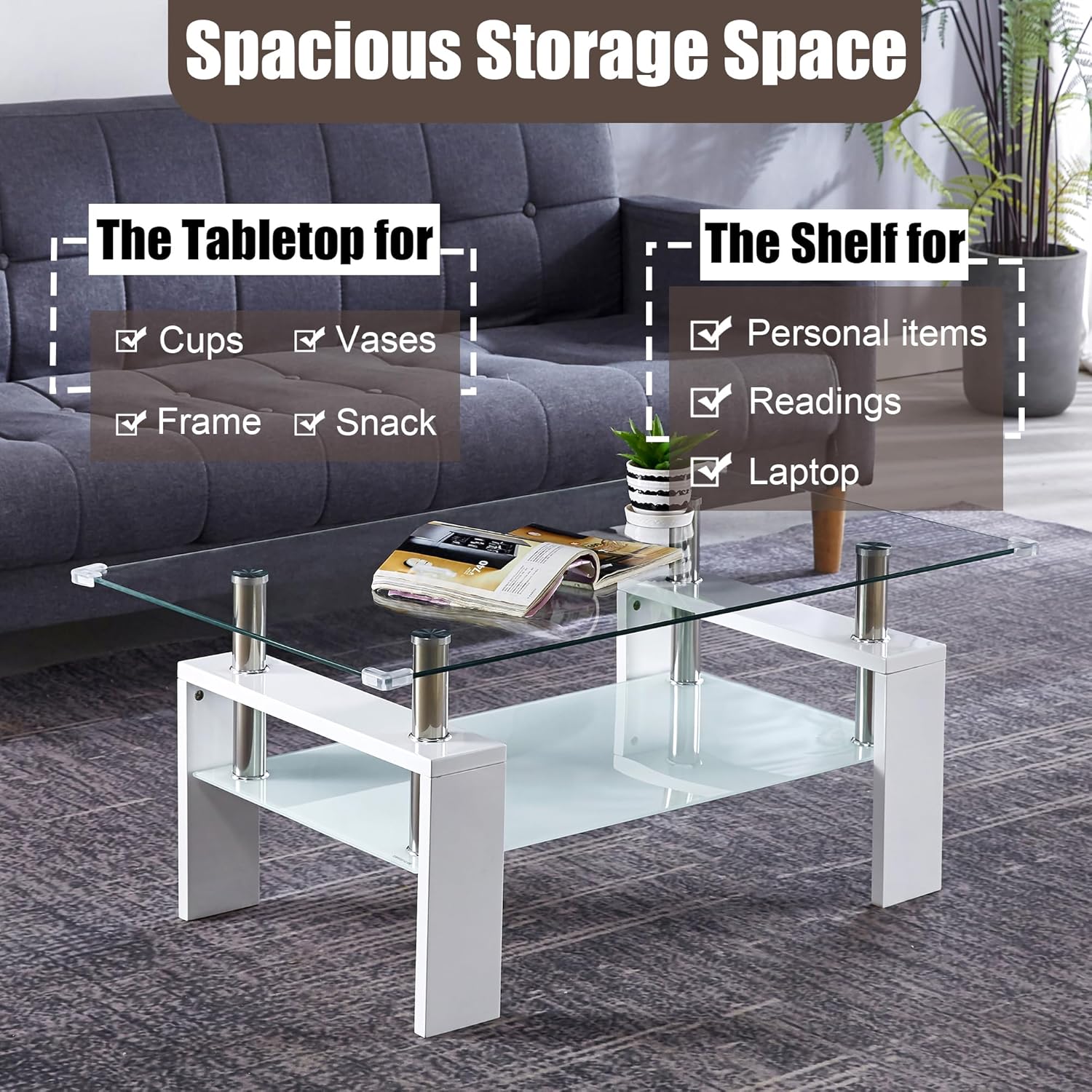 Glass Coffee Table, White Rectangle Glass Coffee Table for Living Room, Modern Office Tea Table with 2-Tier Tempered Glass, Glass Center Table for Home Office Waiting Room
