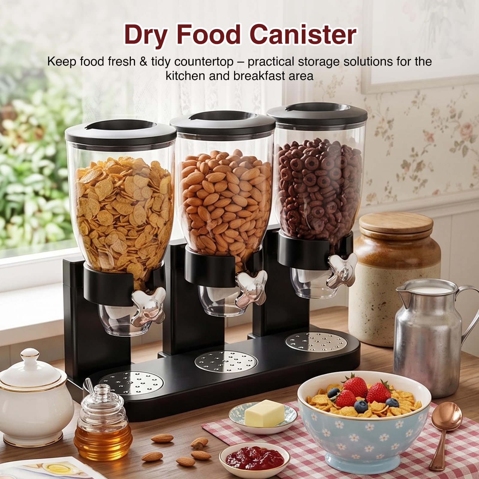 Cereal Dispenser Countertop 2L, Dreifacher Müslispender, Luftdichte Vorratsdosen mit Drehverschluss, Transparente Trockenkost-Spender Behälter für Müsli, Reis, Süßigkeiten, Kaffebohnen, Schwarz