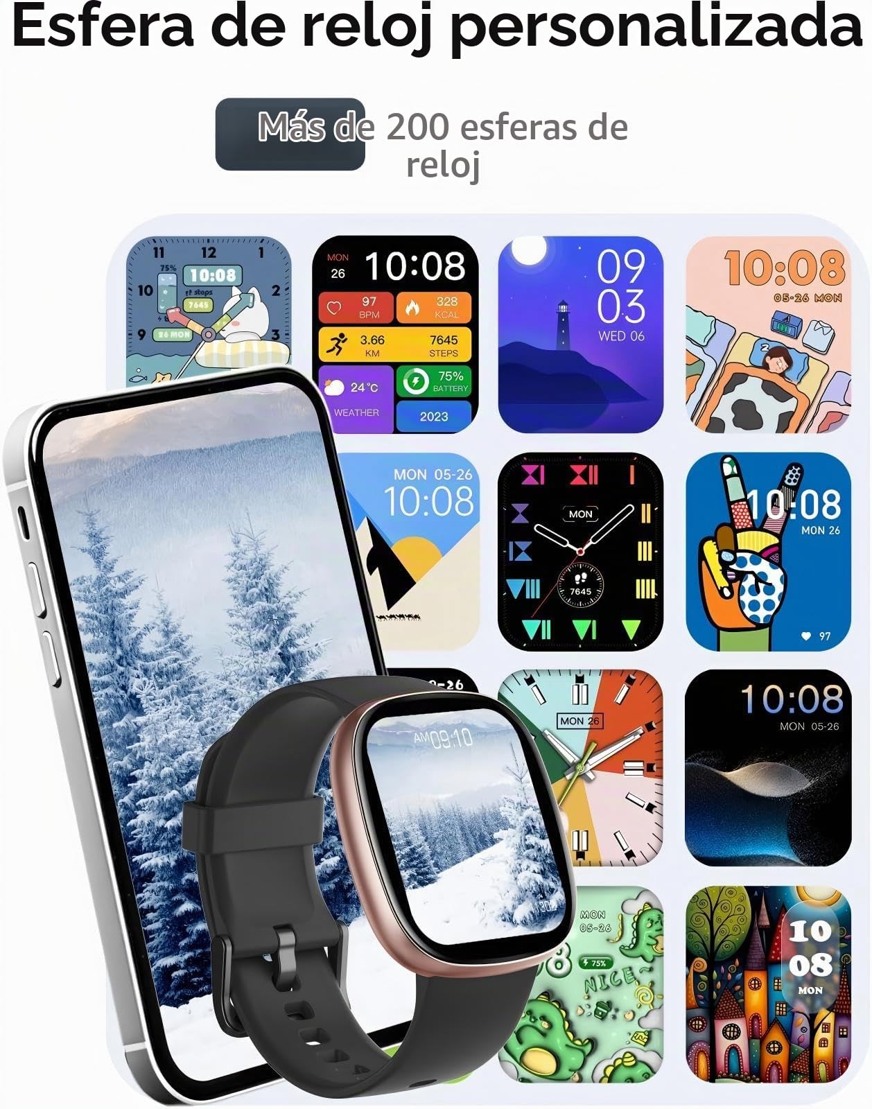 HUAKUA Reloj Inteligente Hombre Mujer con Llamadas Bluetooth 5.3, Smartwatch Deportivo 3ATM Impermeable con 113 Modos Deportivos, Monitor de Pulsómetro, Sueño y SpO2, Reloj Digital (Negro Dorado)