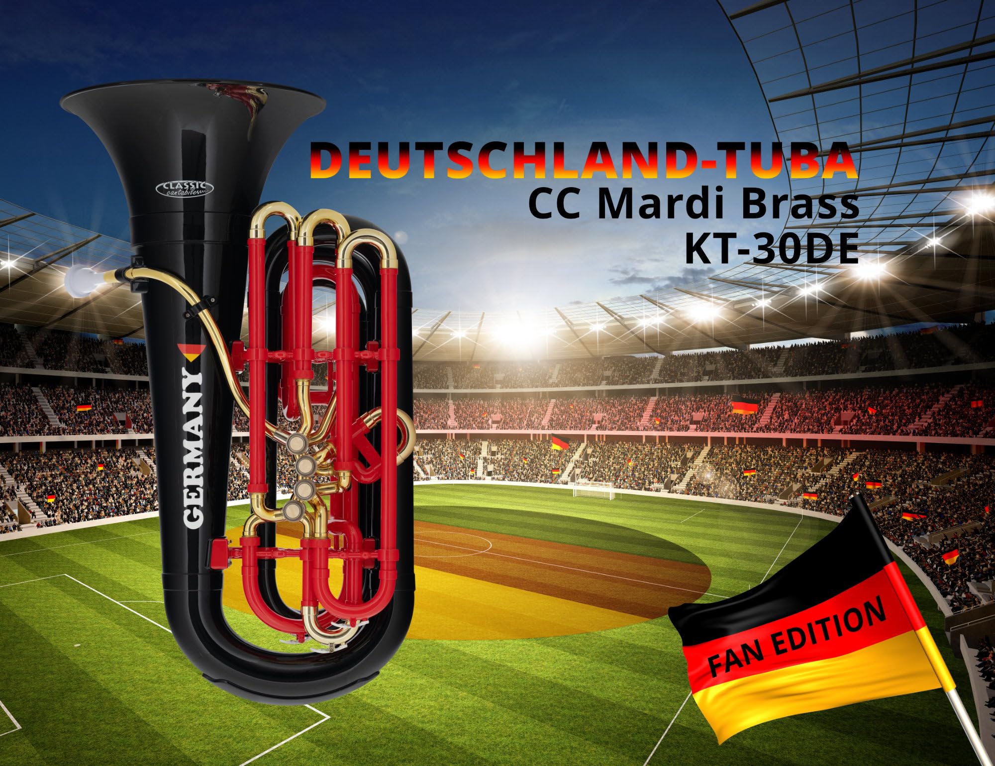 Classic Cantabile MardiBrass Deutschland Tuba Bb - Extrem leicht & sehr stabil - Material Korpus: ABS Kunststoff - Mundrohr & Maschine: Messing - Gigbag & Mundstück - Farbe: Schwarz Rot Gold