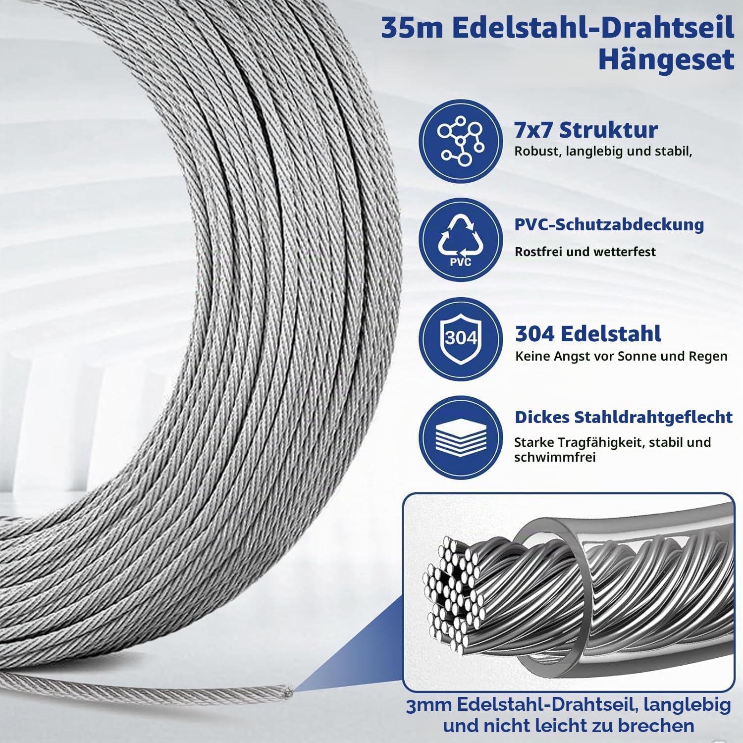 74pcs Drahtseil Edelstahl Kit, 35M/3mm Edelstahlseil Stahlseil mit Ösen, M4 Seilspanner Spannschloss, Seilspanngarnitur, Stahlseil Ummantelt Rankhilfen für Kletterpflanzen Außen Gardinenseil