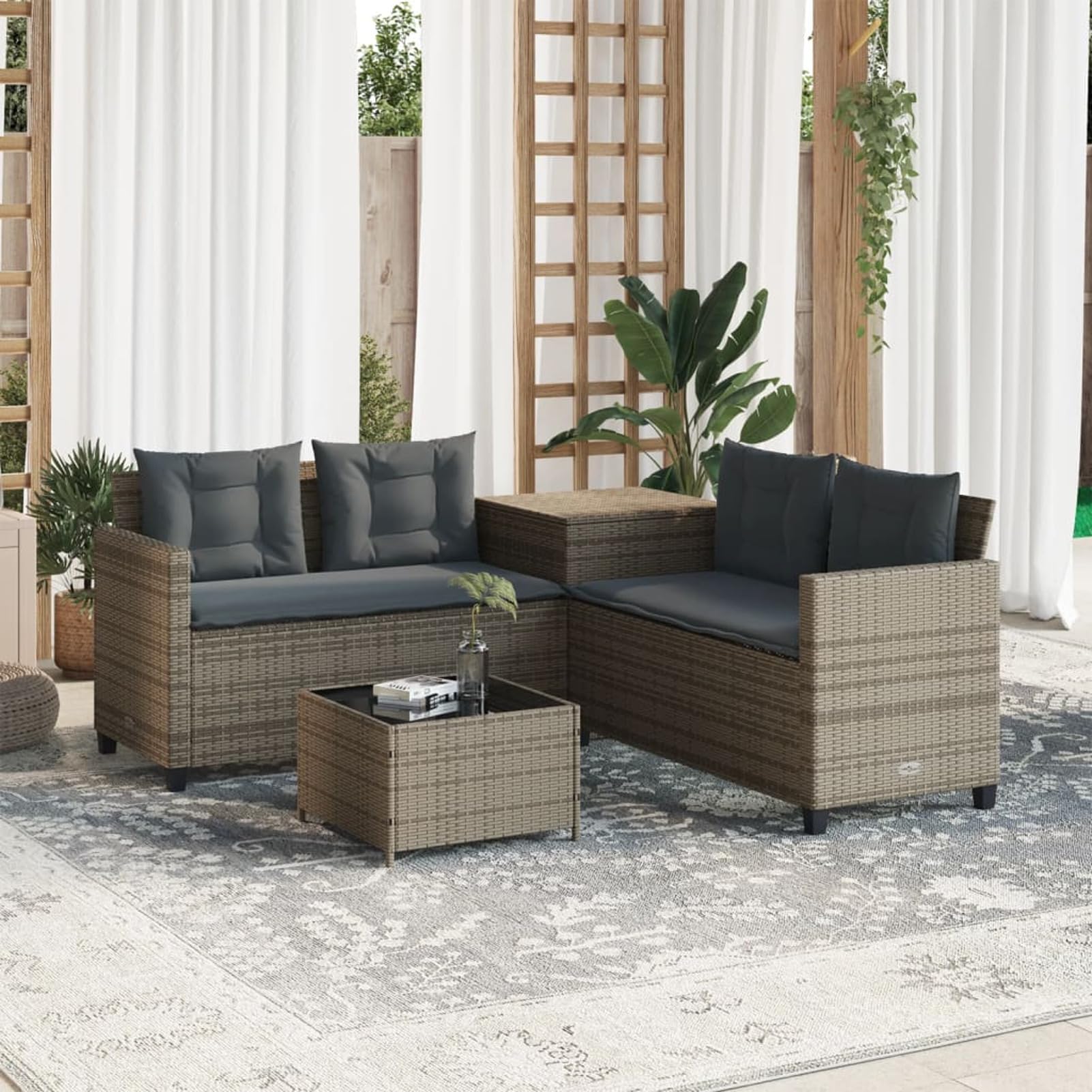 IKAYAA Conjunto Jardín de Ratán, Sofá de Esquina, Sofa Exterior, Conjunto Terraza en Acero y Resistente a la Intemperie, Muebles Jardín Exterior, 1 Sofá de Jardín, 1 Mesa, 1 Caja, Gris-2