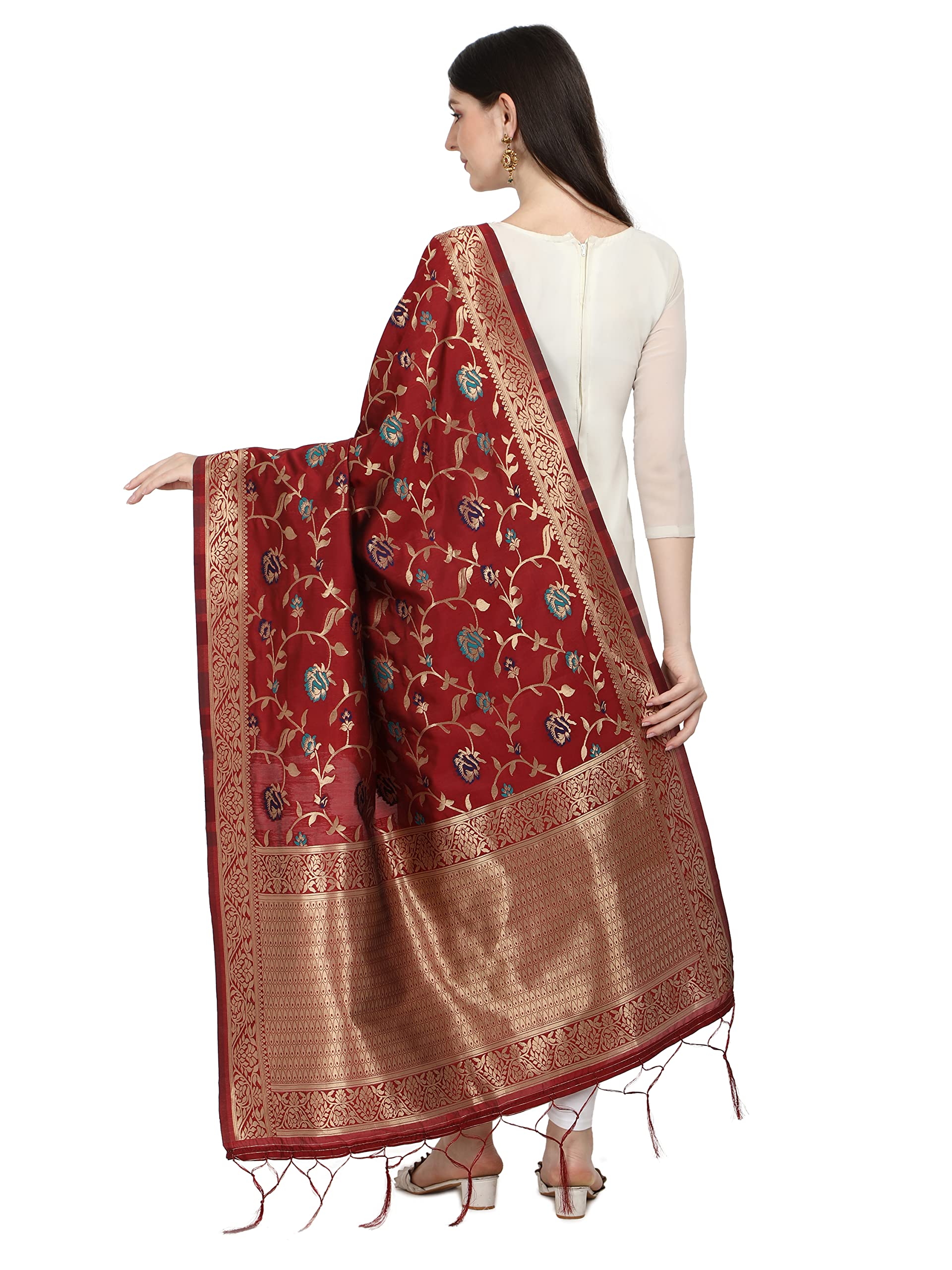 DEVANGI Women's Printed Banarasi Silk Dupatta Width 1 Meter, Length 2.5 Meter (OM-DT-10-MAROON) 2