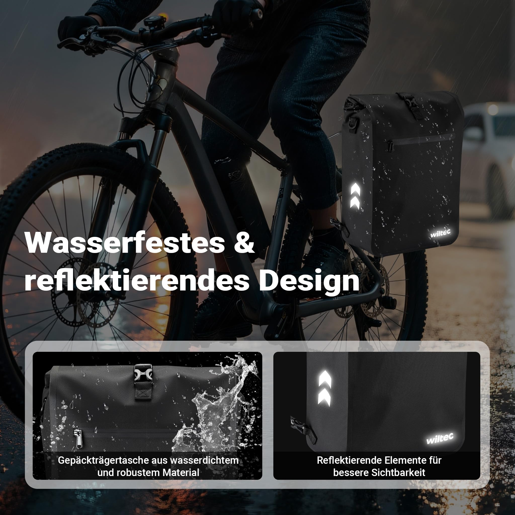 Wiltec Gepäckträgertasche schwarz, Fahrradtasche Rucksack 25 l Stauraum, Gepäcktasche mit Laptopfach, wasserresistente Fahrrad Tasche