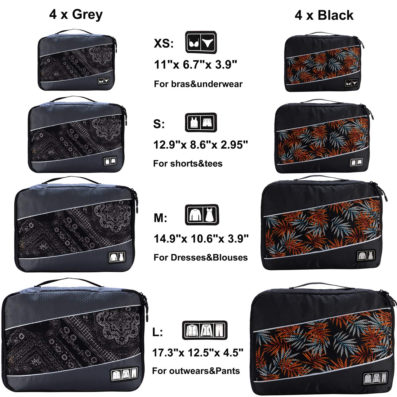 Set di 8 cubi per imballaggio, borse da viaggio organizzatori di colori misti (nero grigio)