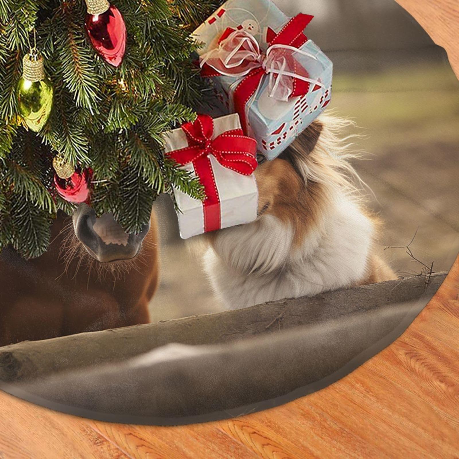 Fodpand Black Collie Dog And Horse Together Christmas Tree Skirt 36" Velvet Xmas Tree Skirt Mat Rustic Christmas Tree Mat Cover Winter Xmas Tree Collar For Indoor Outdoor Christmas Decorations