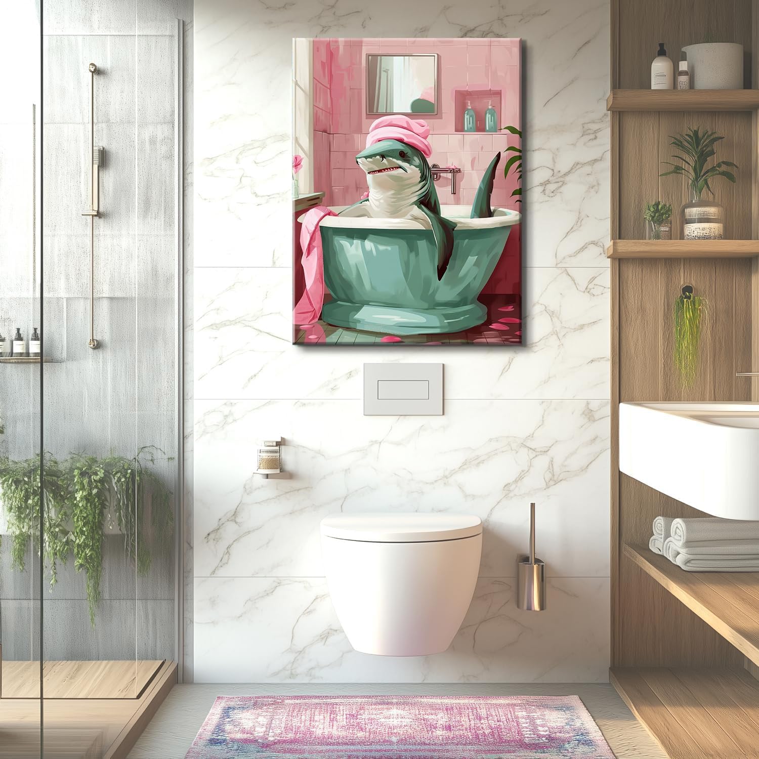 lkjhgf999 Funny Shark Bathroom Decor Canvas Wall Art Pink Bathroom Pictures Wall Decor Abstract Print Painting Home Decorations Canvas Prints Artwork for Bathroom Bedroom Living Room Office