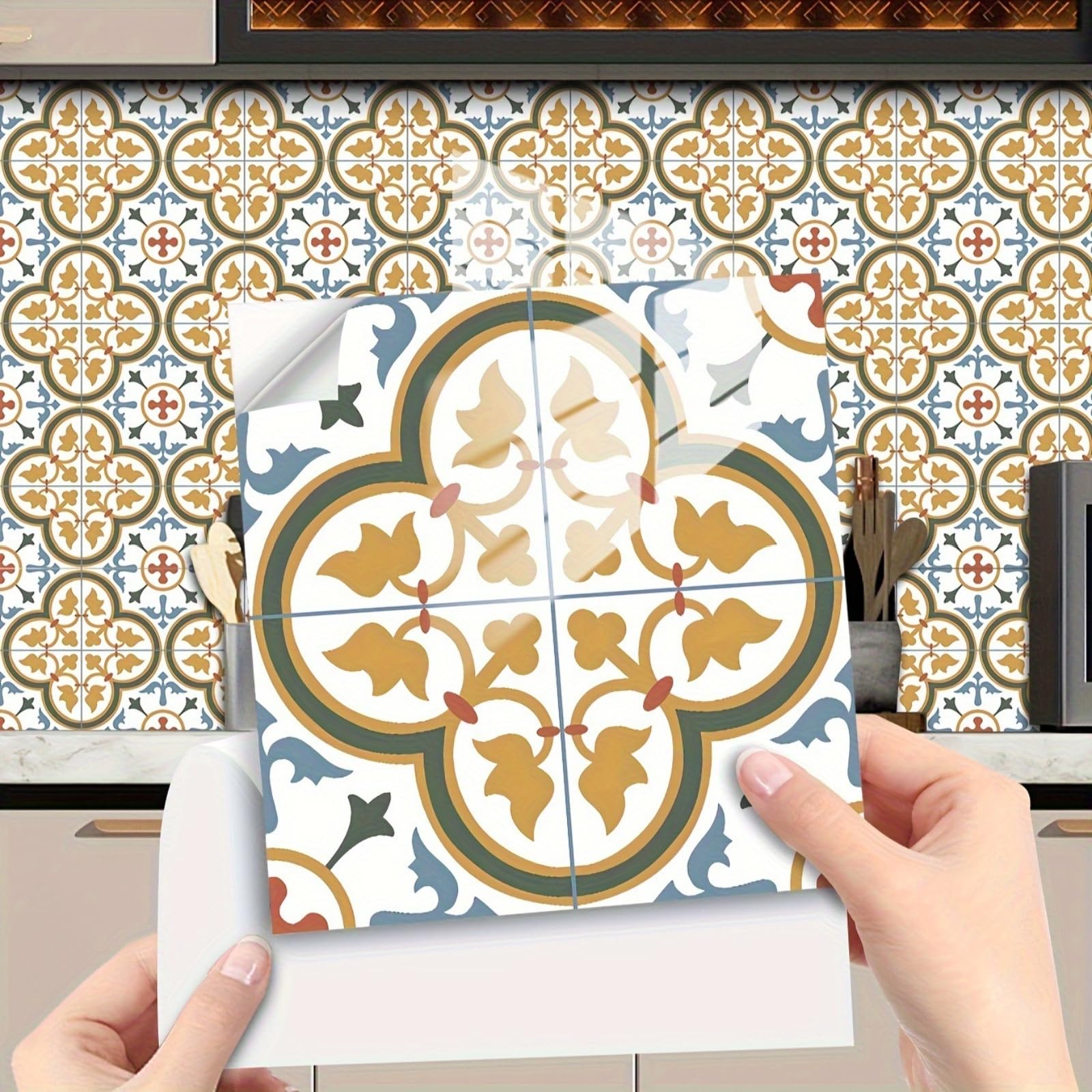 Retro Tile Stickers 10/15/20/30cm, 10Pcs Self-Adhesive Moroccan Wall Tiles, Waterproof Peel & Stick Vinyl for Kitchen Splashback Bathroom Floor Stairs (15x15cm-10pcs,FMB-648)
