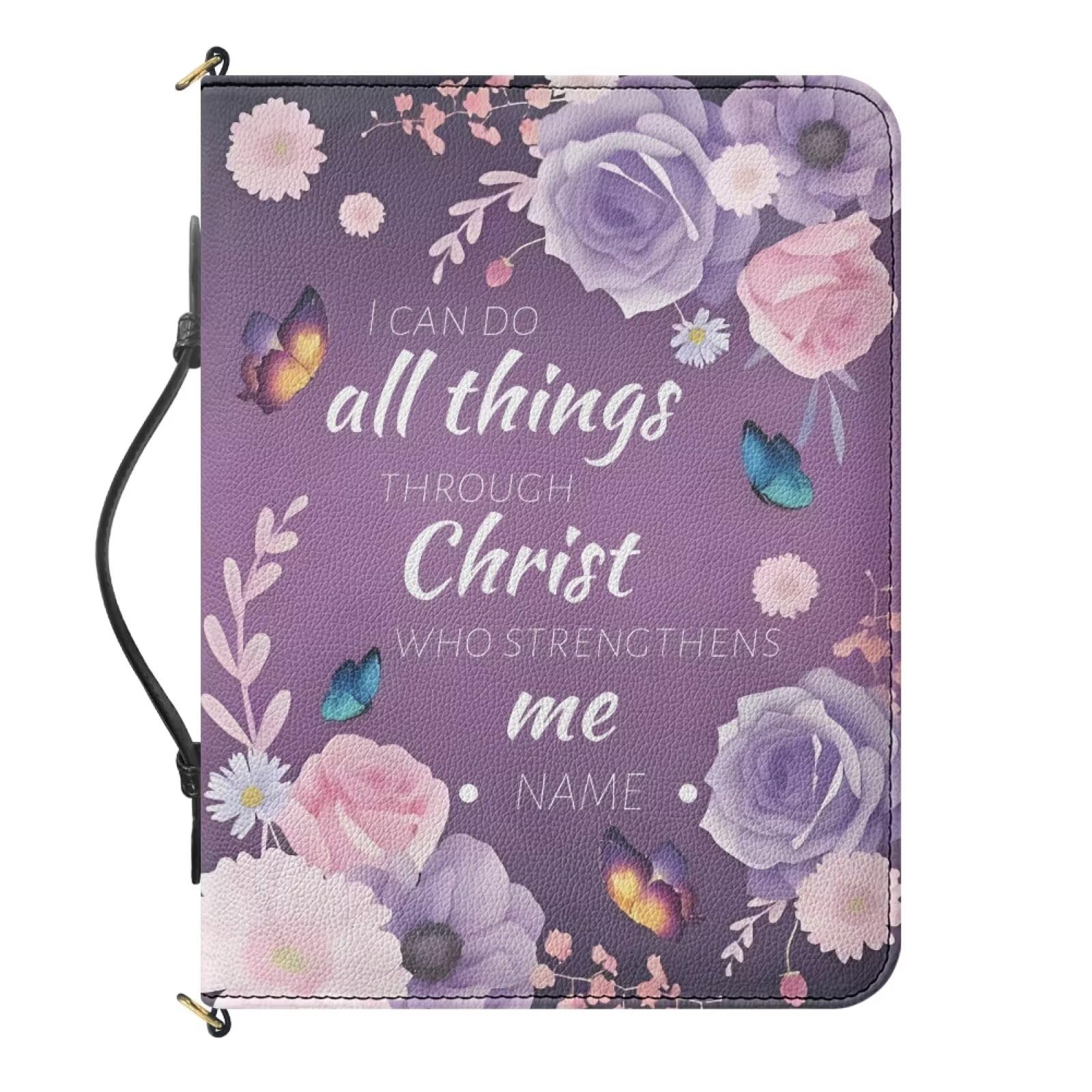 Urndoeng Custom Bible Cover for Women and Girls - Purple Bible Case with Handle and Zipper Pocket Vintage Rose Daisy Pattern Mother's Day Gifts