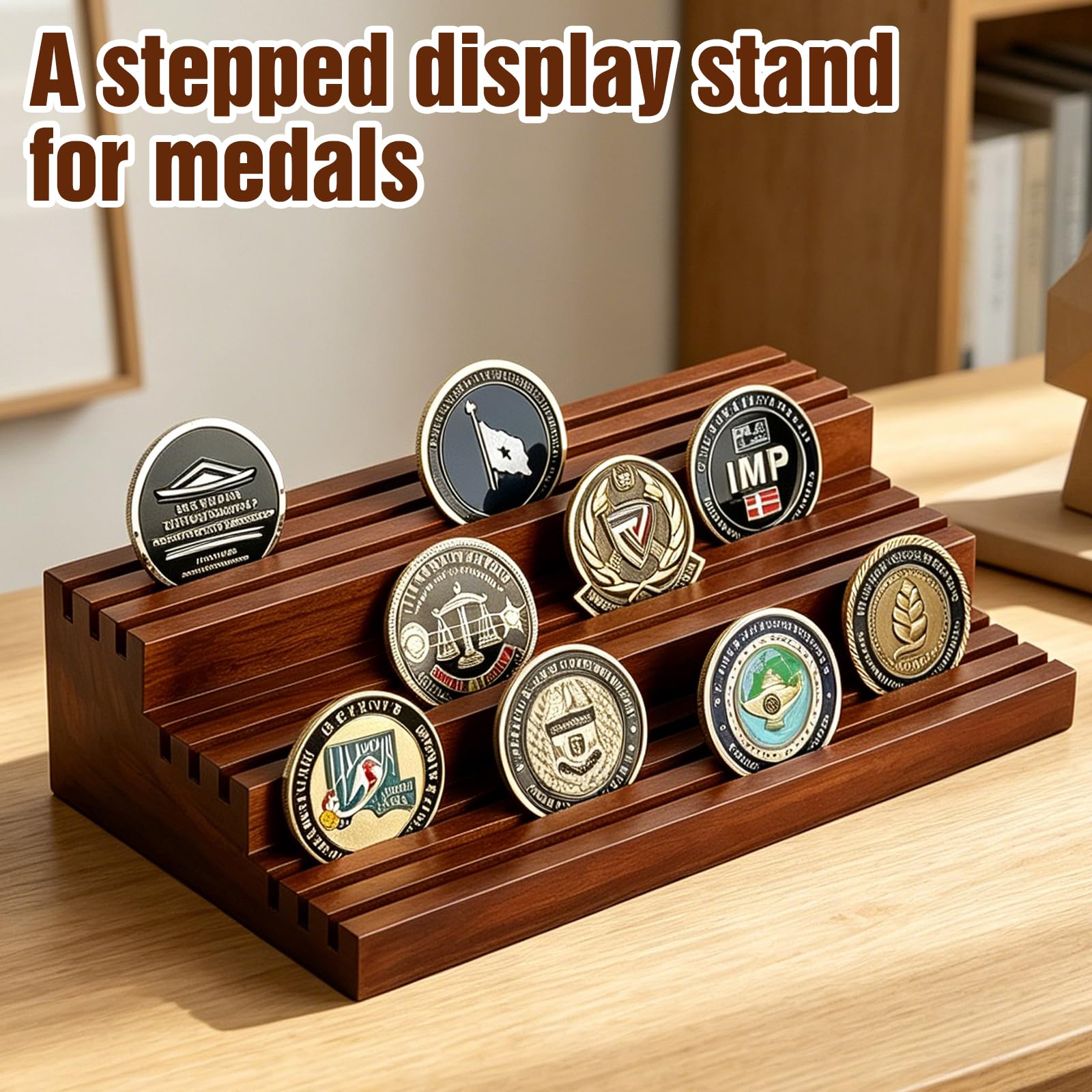 3-Stufig Münzhalter Holz: Massivholz Coin Display, 27*15*6cm Handgefertigter Münzen Ständer, Display Ständer für 15-18 Münzen, Medaillenhalter für Sammel- und Ausstellungszwecke