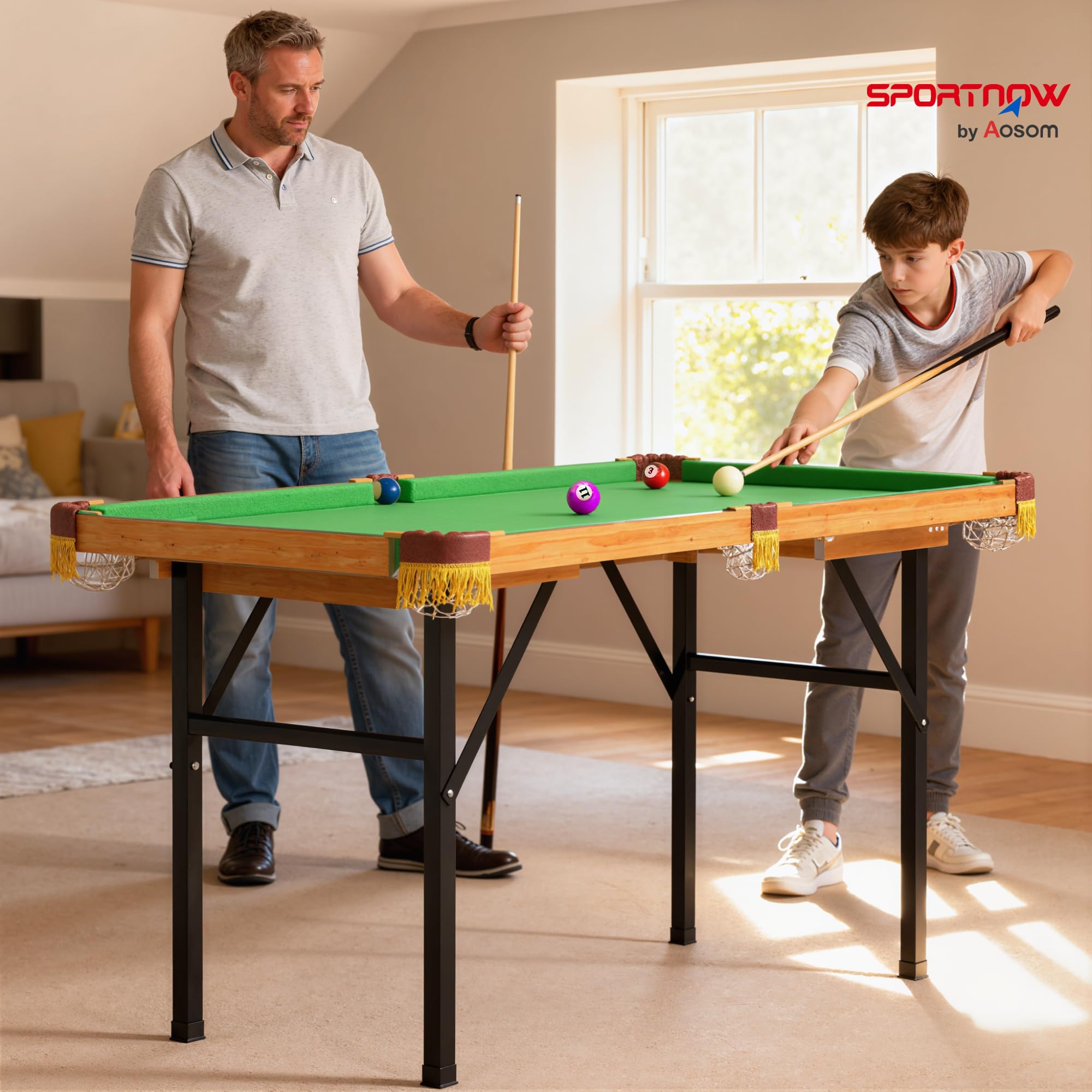 SPORTNOW Tavolo da biliardo pieghevole, mini biliardo, con 2 stecche, 16 palline, gesso e triangolo, con spazzola per biliardo, tavolo da biliardo per adulti, 120 x 63 x 73,5 cm