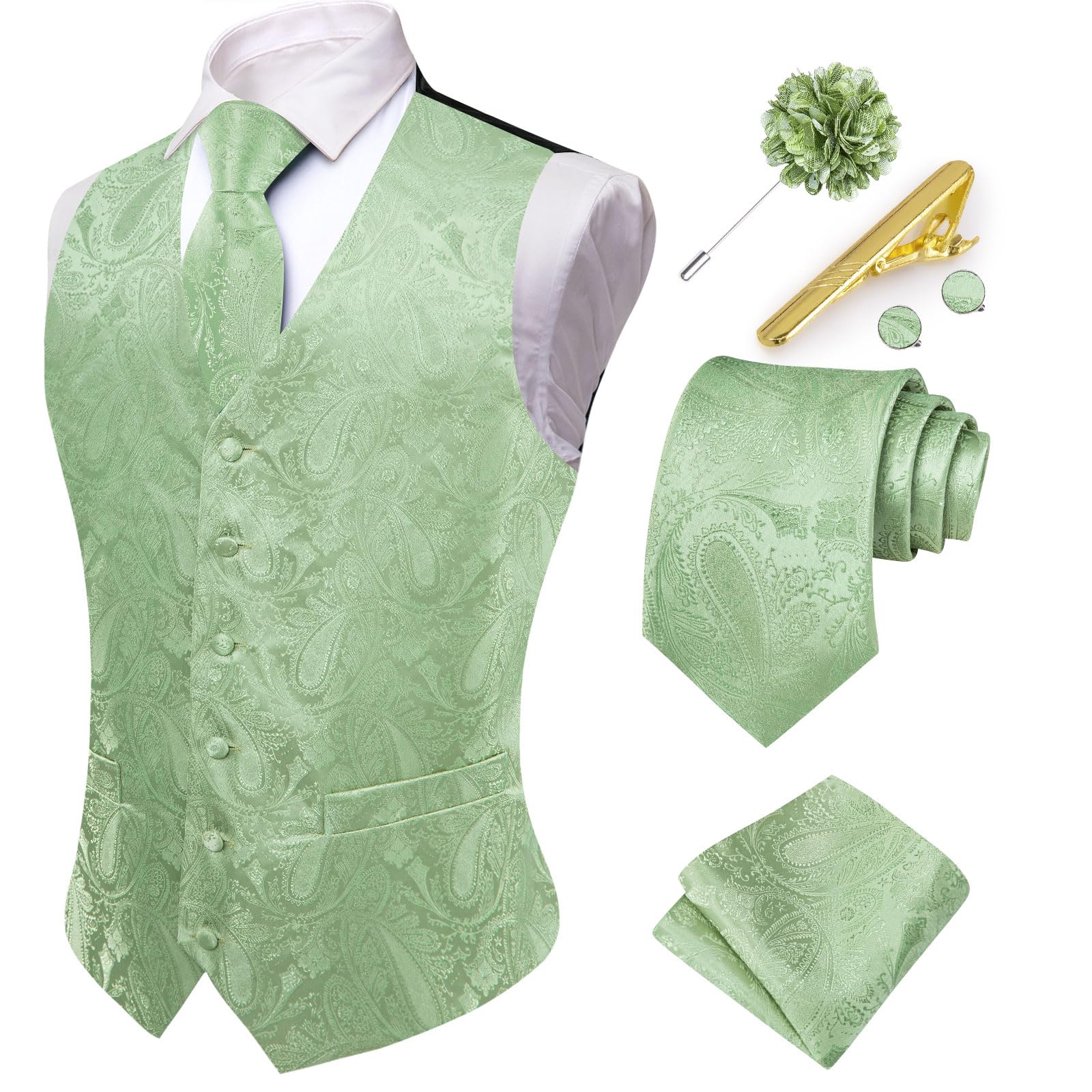Hi-Tie Ensemble gilet et cravate pour homme avec col en V en soie cachemire formel gilet cravate poche carré ensemble pour mariage