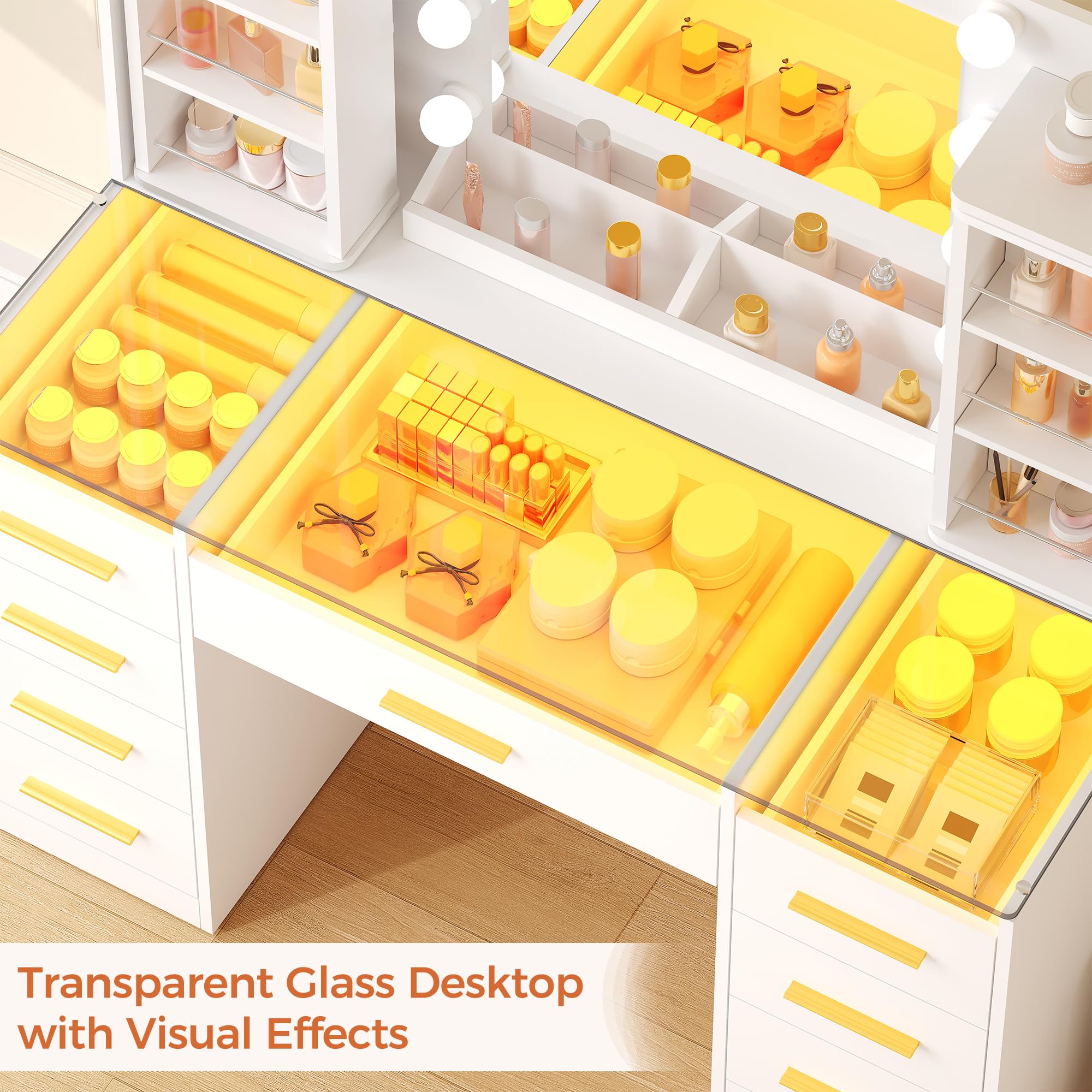 Tocador de Maquillaje con Organizador de Joyas Giratorio de 360° | Luces LED, Mesa de Maquillaje con Tablero de Vidrio,9 Cajones RGB,8 Estantes, Tocador con Enchufes Moderno Blanco EXFST005W