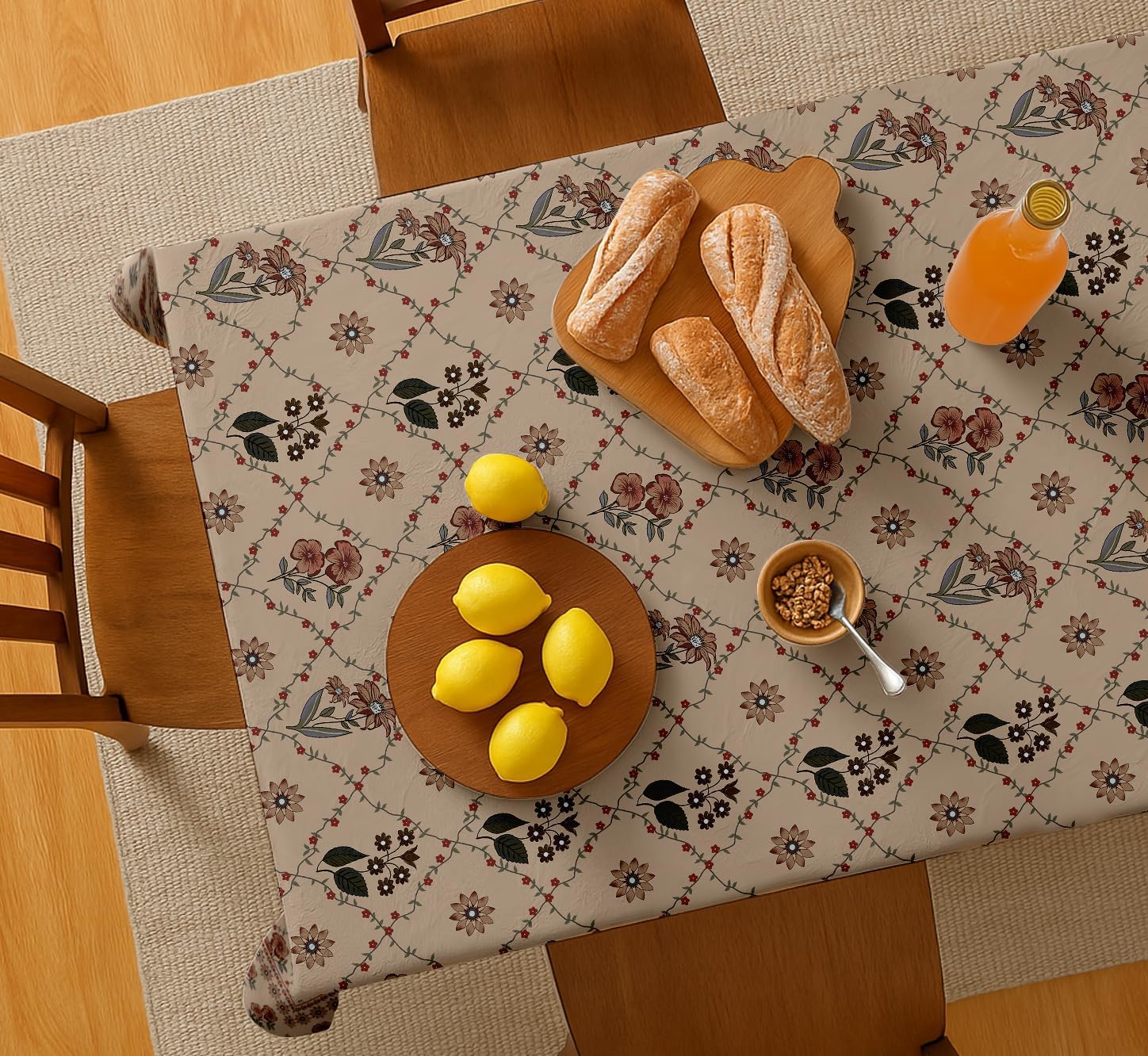 Floral Design Tablecloth- Beige 60x60 Inch Cotton Twill Dining Table Cover, Perfect for 4 Seater Tables, Durable, Protective & Washable, Ideal for Everyday Use, Festive Occasions & Gathering