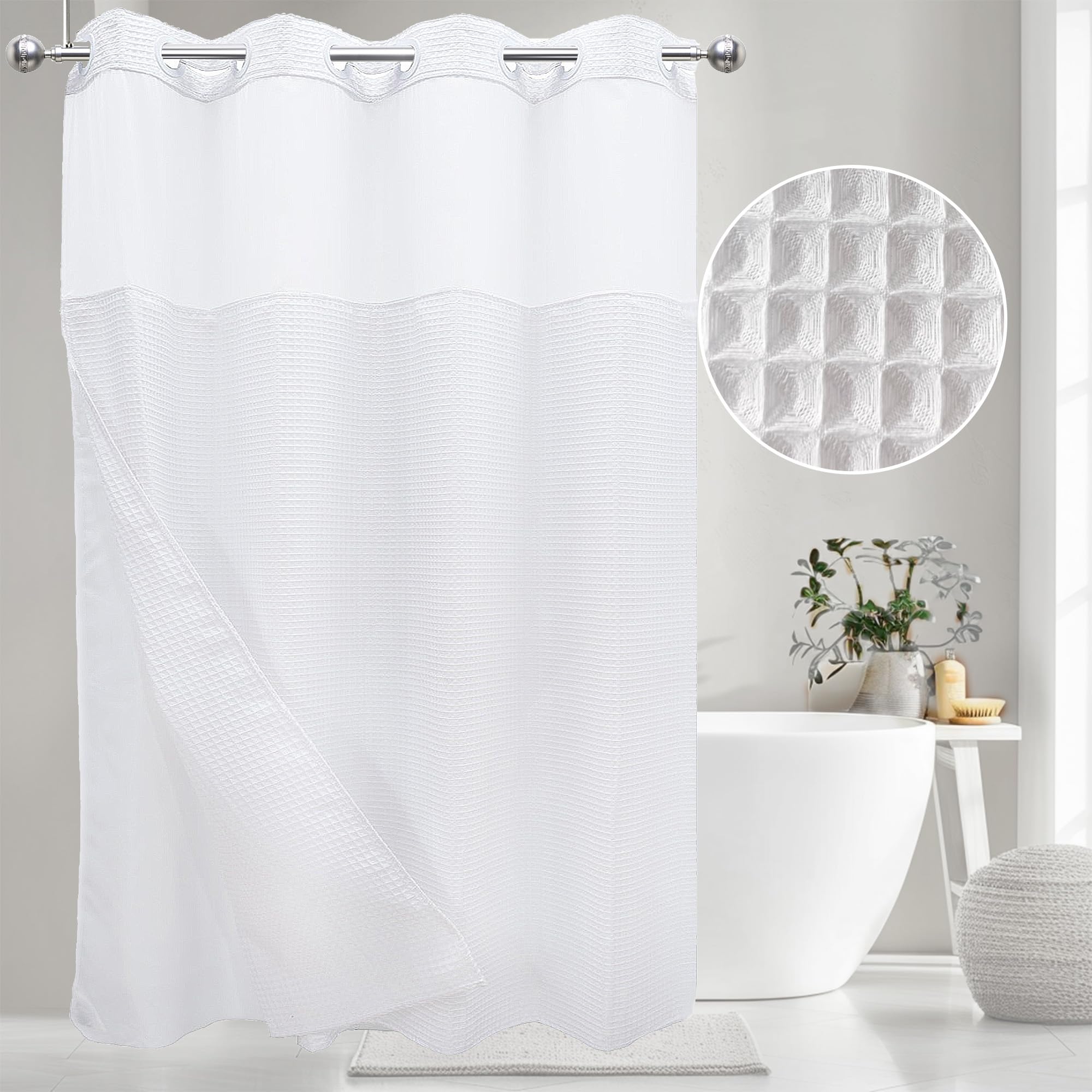 VIUOON No Hook Shower Curtain Set with Snap in Fabric Liner, 250GSM Waffle Weave White Hotel Grade Bath Shower Curtain - See Through Top Window, Waterproof & Washable, 54W x 80H