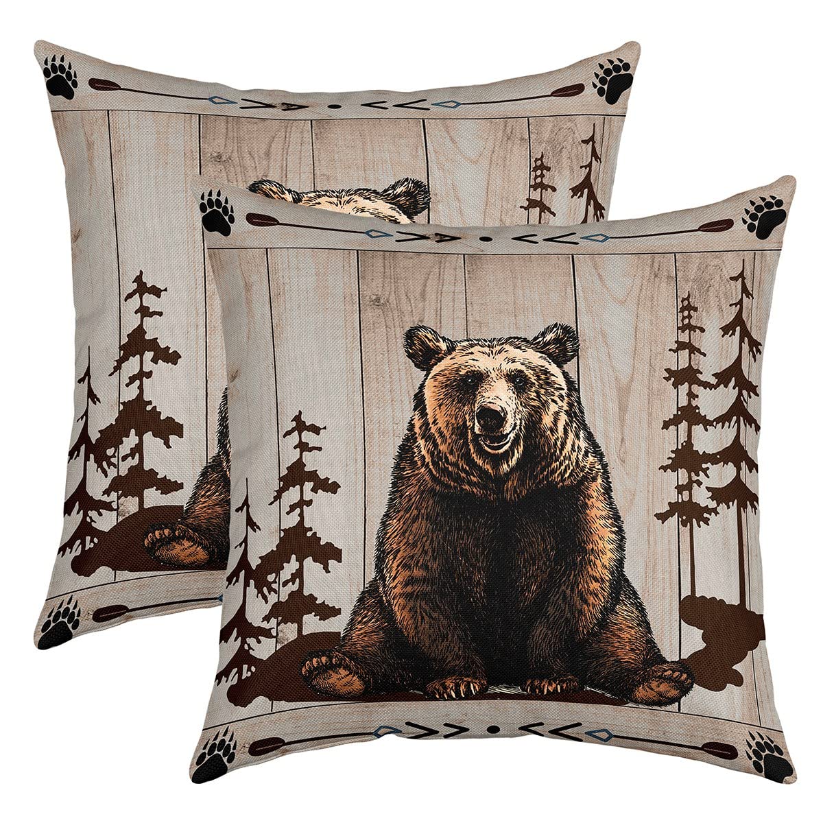 Loussiesd 45x45cm 2pcs Set Pillow Covers Bear Pillow Covers Soft Retro Western Rustic Animal Square Decorative Cushion for Sofa Pillow Hut Arrow Wooden Paw Pillow Cover Sofa Cushion — image 1