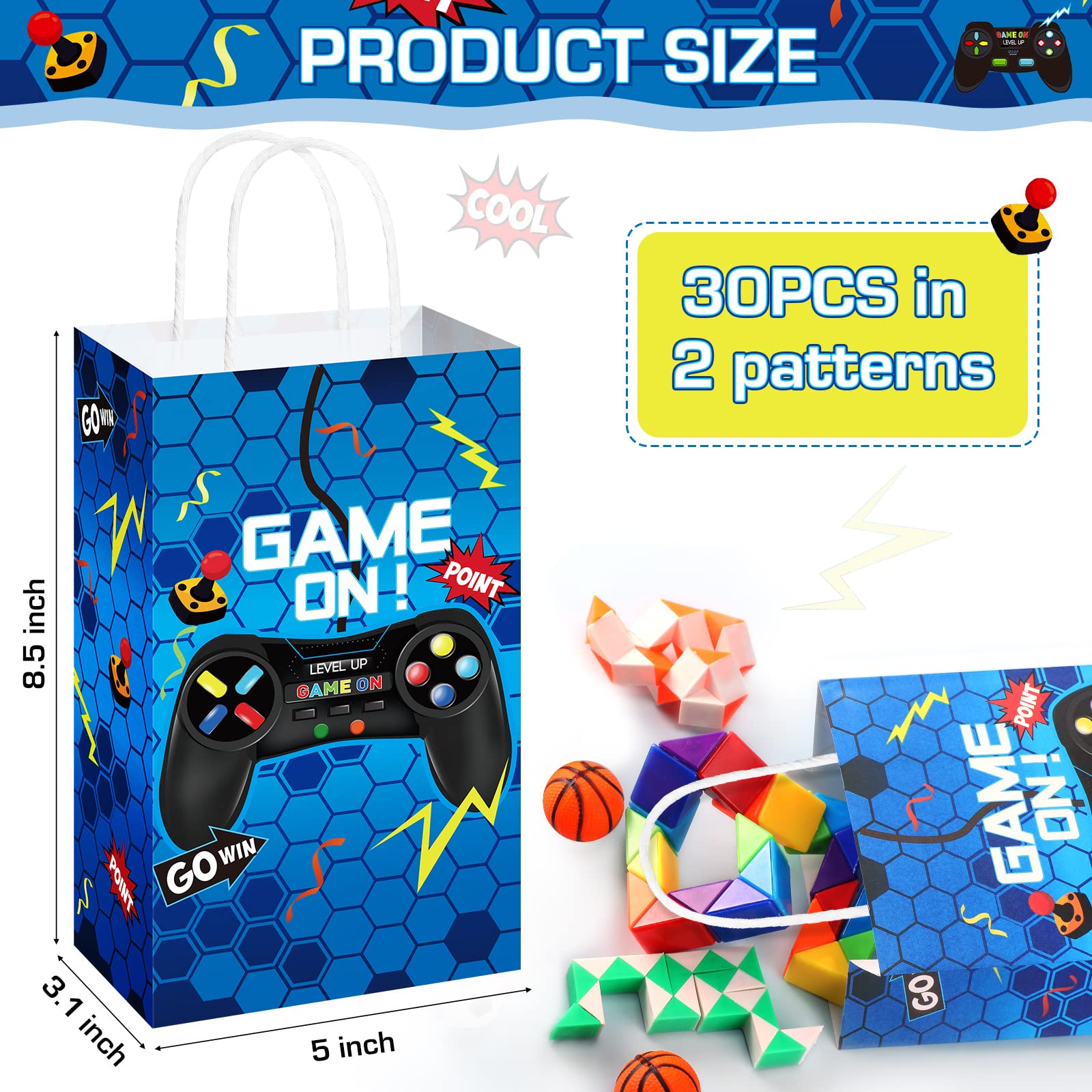 Saypacck 30 bolsas de regalo para fiestas de videojuegos, suministros de fiesta temática de jugadores, bolsa de papel con asa, regalos de fiesta de juegos para niñas y niños (azul, estilo de juego)