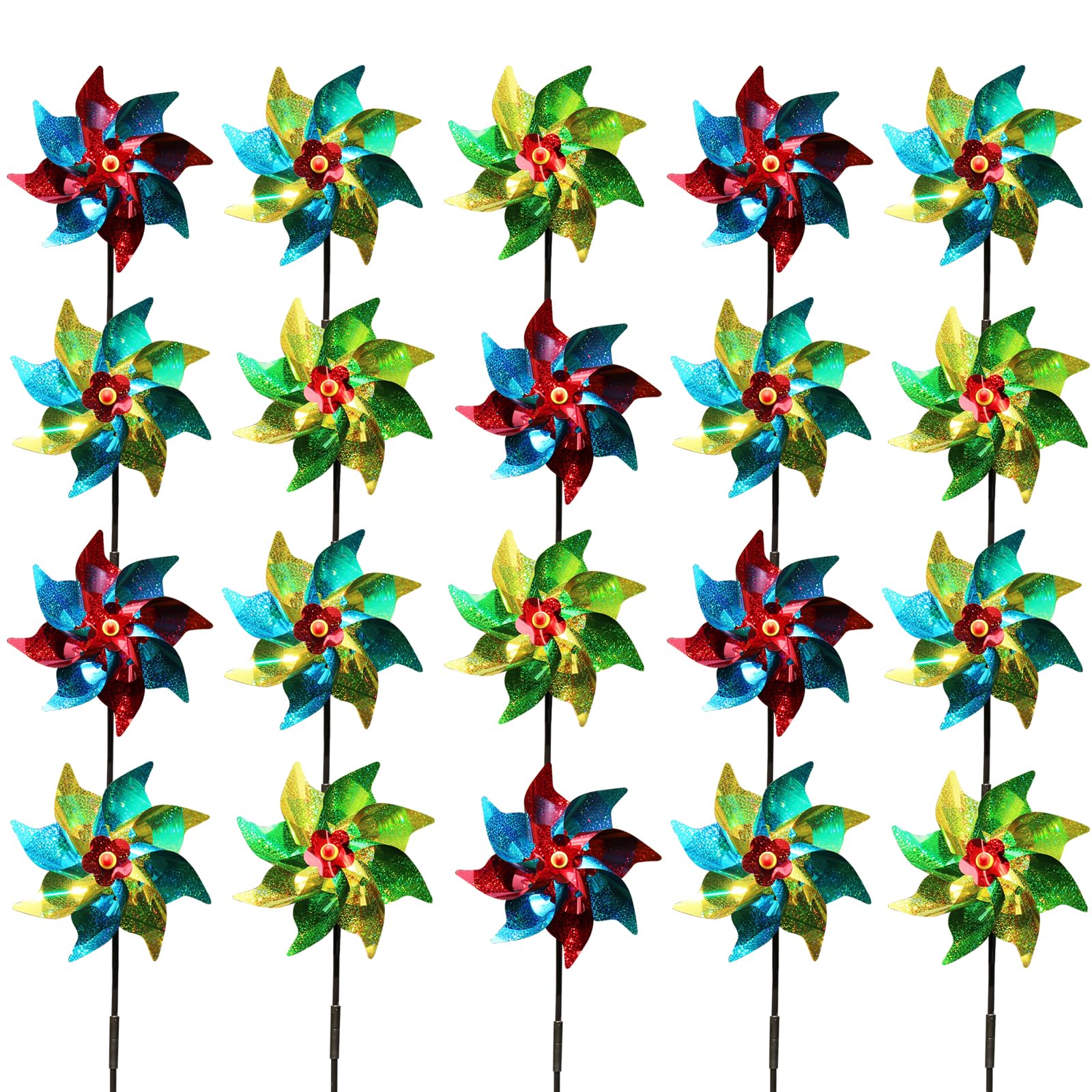 20 Pcs Holographic Rainbow Pinwheels, Reflective Bird Repellent Windmill Wind Spinners, Kids Outdoor Party Pinwheels, DIY Pinwheels Set for Garden Lawn Decor, Random Colour