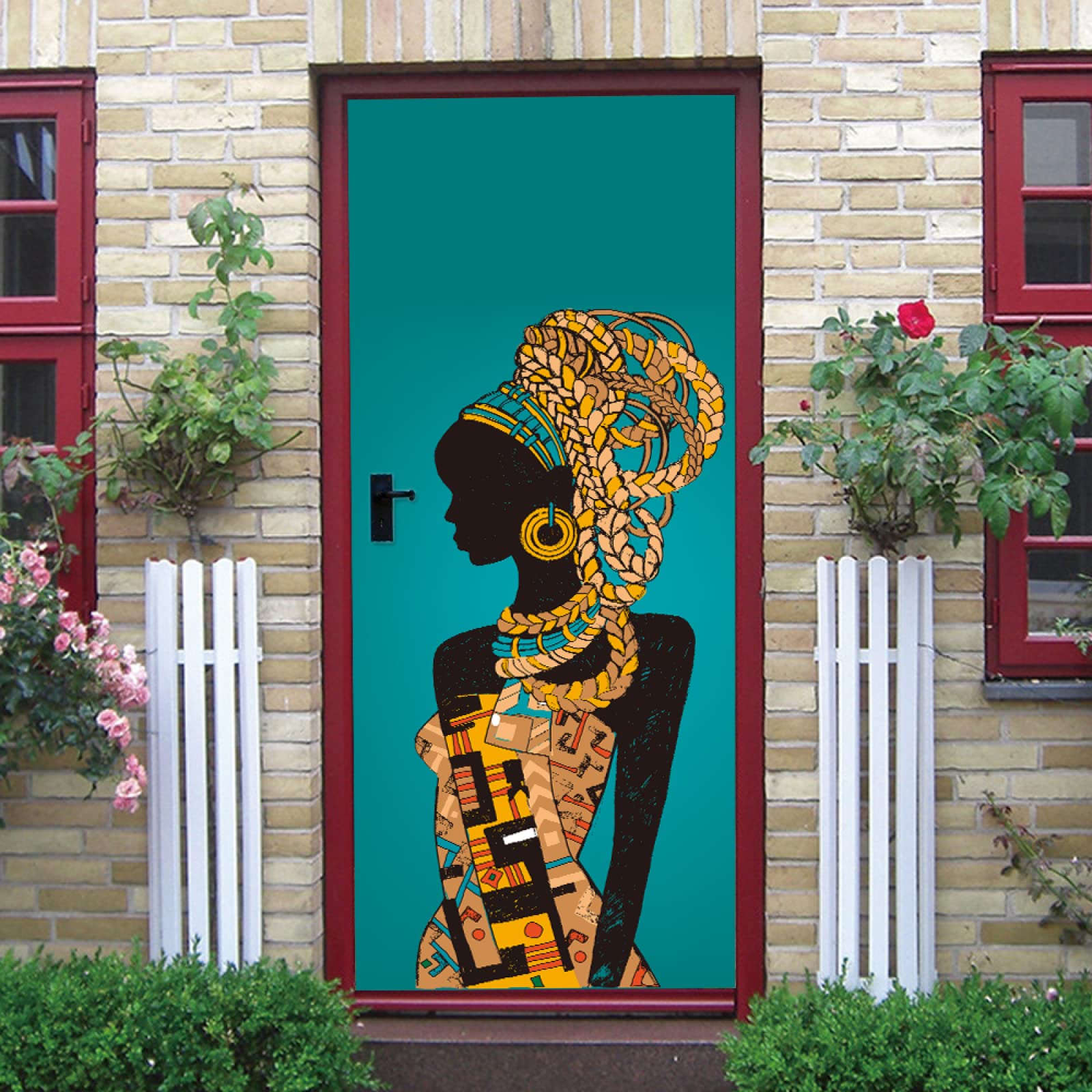 Sticker Porte Trompe-l'œil Femmes Tribales - 90x210cm - Autocollant PVC Imperméable Pour Salon, Cuisine, Salle De Bain