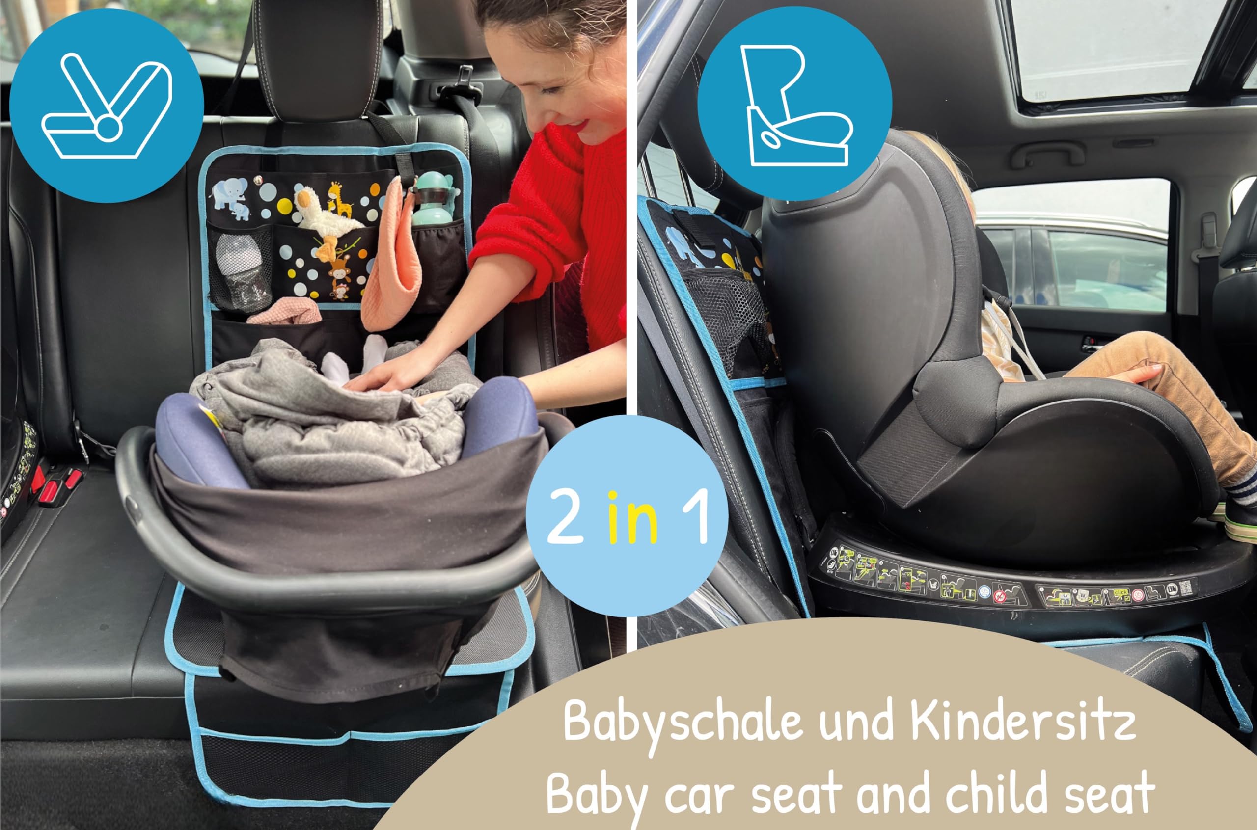 HECKBO Pokrowce na fotele samochodowe dla dzieci - Organizer samochodowy - Baby Tiere Mama - Podkładka z ISOFIX, ochraniacz na siedzenia do ochrony foteli samochodowych, odpowiednia dla wszystkich