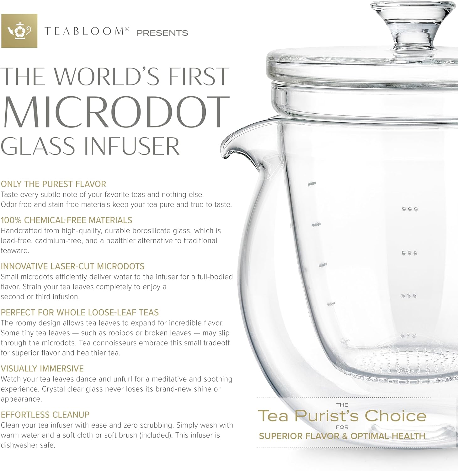 Teabloom Gardenia Glass Teapot with Infuser – 100% Borosilicate Glass, Microdot Infuser for Loose Leaf Tea, 27 oz (3-Cup) Capacity, Plastic-Free & Lead-Free, Stovetop Safe