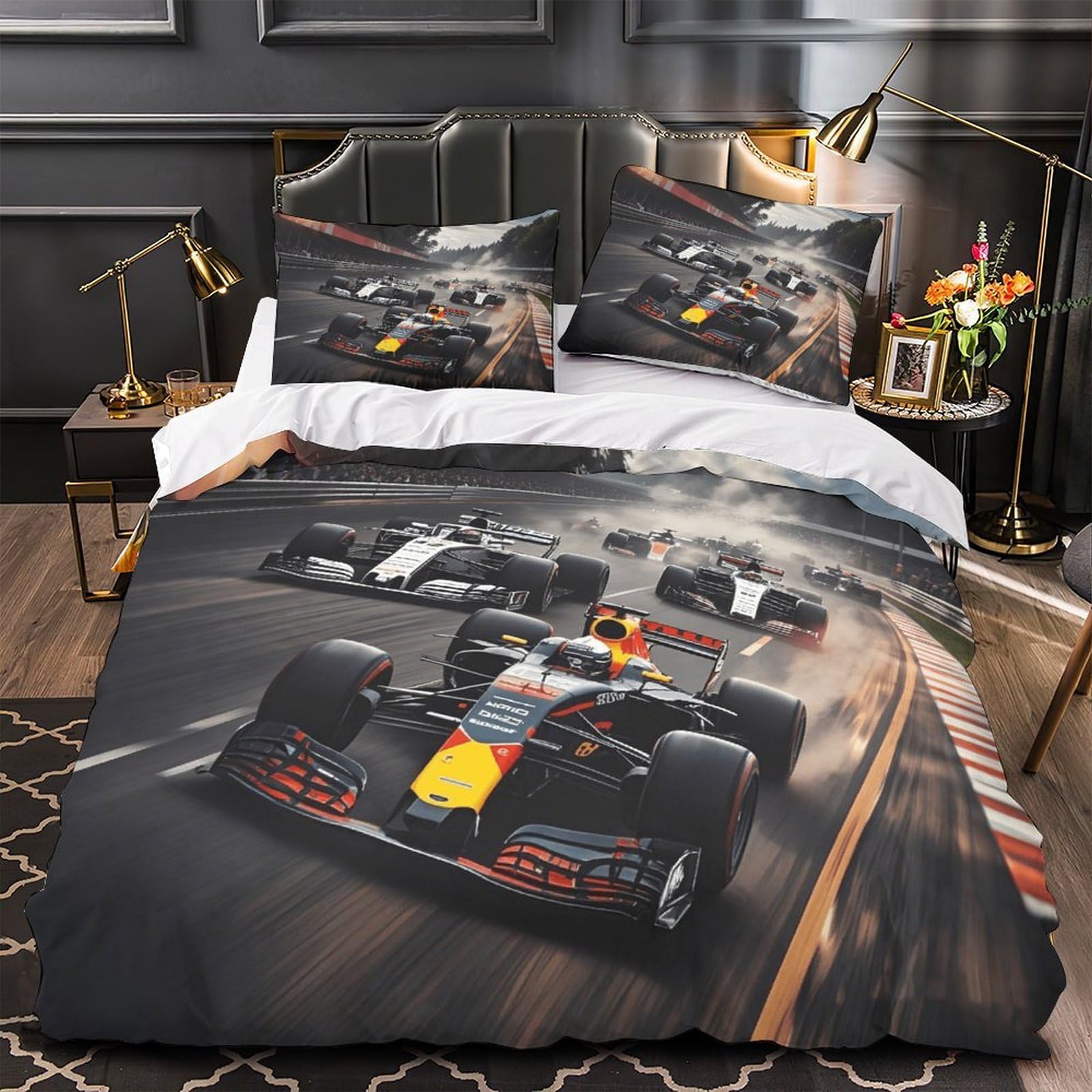 XiaopangXY Breathable Super King（260x220cm） Formulaa Racing Quilt Cover Set With Hidden Zipper, Racing Car Duvet Cover Set with Pillowcases Bedding Set Soft Microfiber