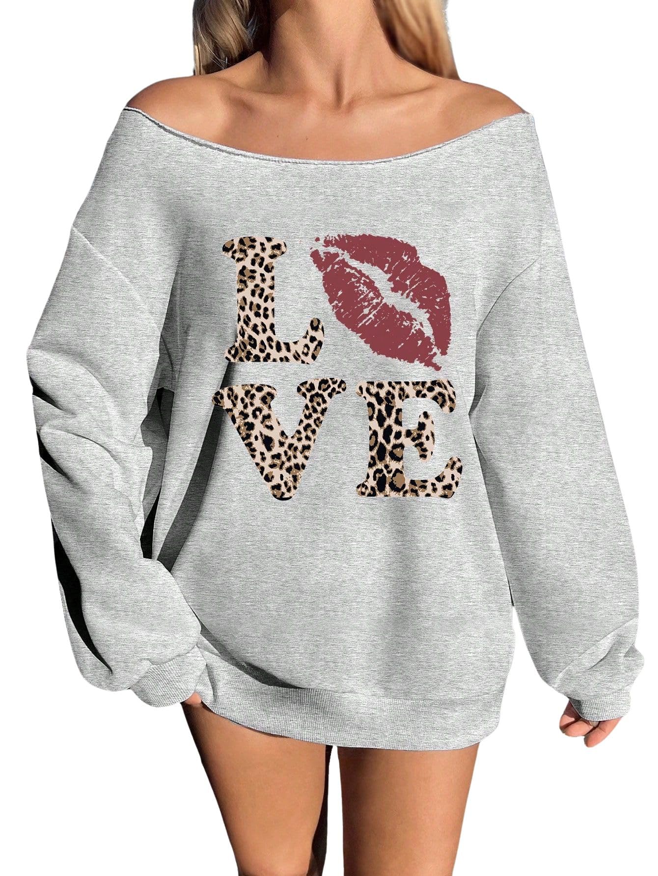 sxv style Women's Off-The-Shoulder Loose Casual Love, Lips & Leopard Print Sweatshirt-picture-35