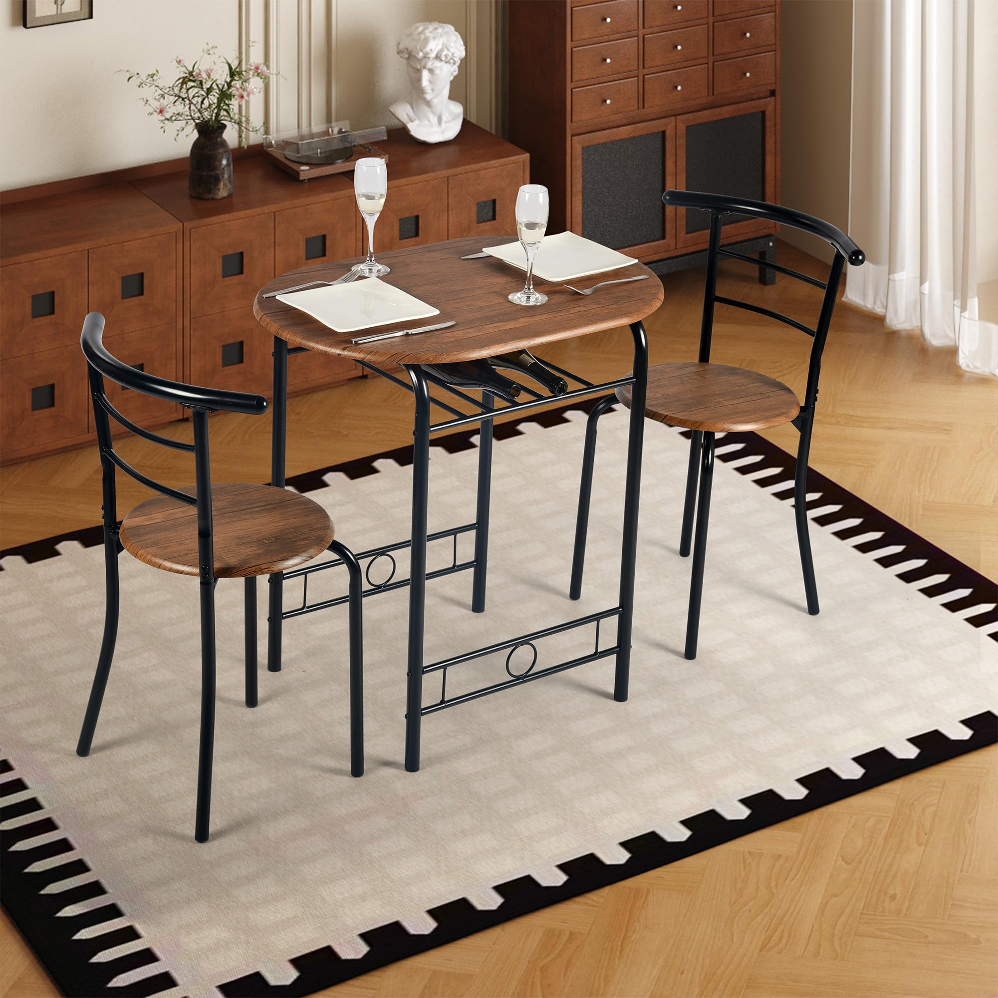 FurnitureR Tavolo rotondo con sedie per 2 persone, tavolo da cucina retrò industriale chic con portabottiglie, mobili da soggiorno per bistrò, giardino, balcone, piccolo spazio, telaio in metallo