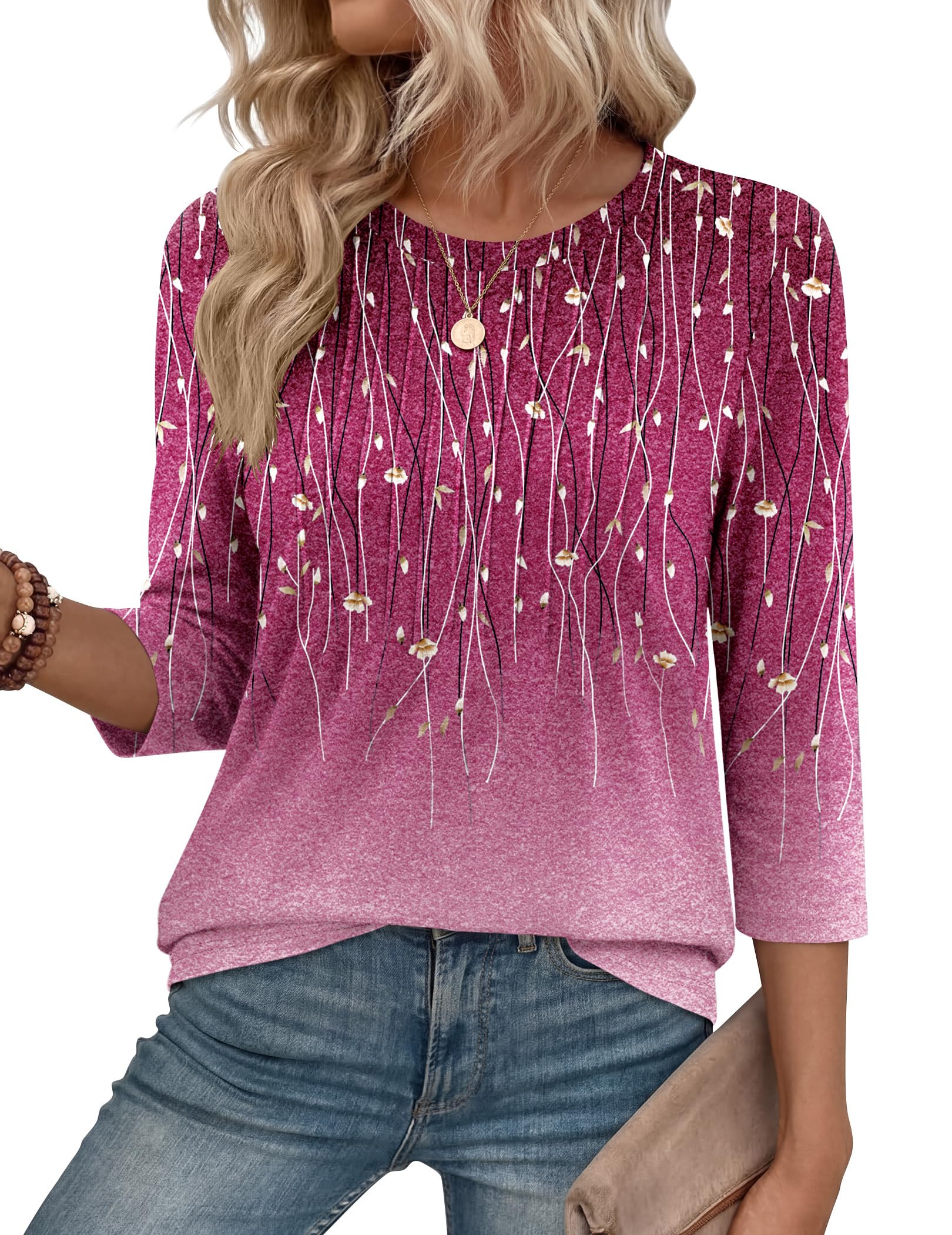 Zeagoo 3/4 Length Sleeve Womens Tops Crew Neck Loose Fit Shirts Pleated Cute Clothes Dressy Casual 2025 Summer Tunics