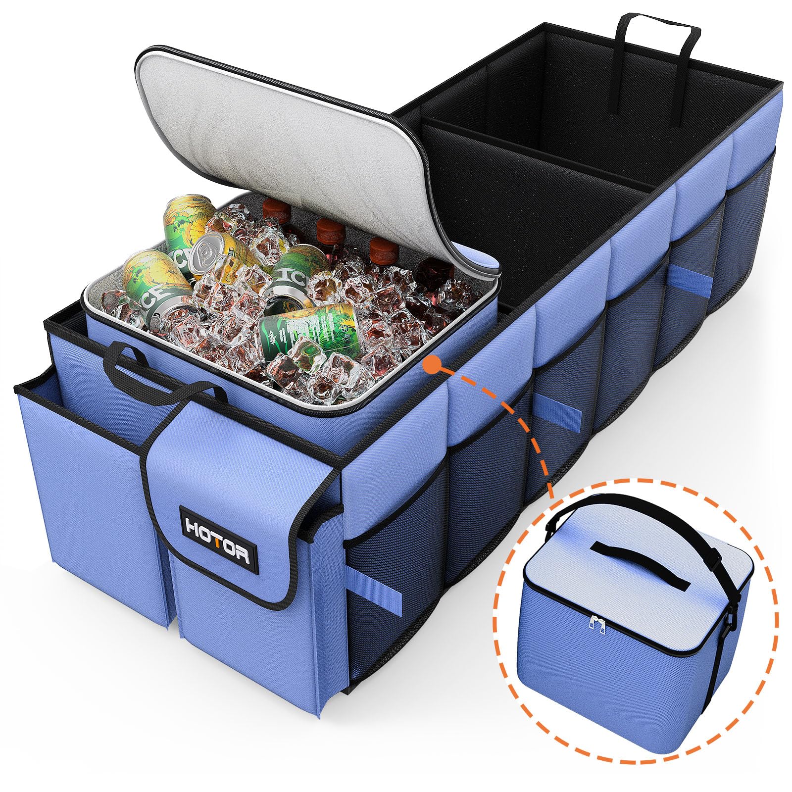 HOTOR Trunk Organizer, Sturdy Foldable with Cooler for Car, Sudan & SUV | Car Organizers and Storage, Detachable Cooler Bag, for Tools, Camping, 3 Compartments, Blue, 31.5” x 12.6” x 10.6”