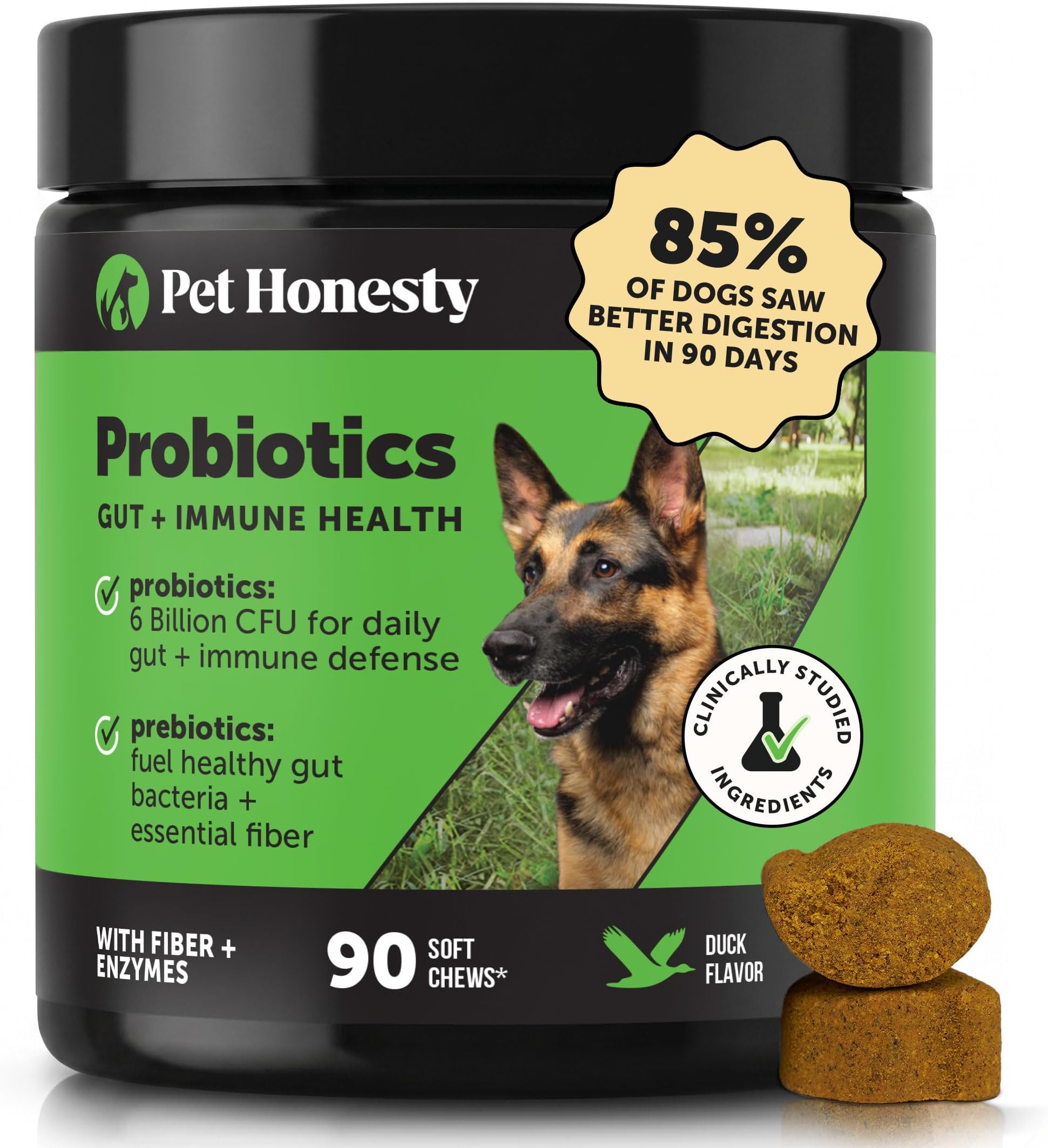 6 Billion CFU Dog Probiotics with Prebiotics, Digestive Enzymes, & Fiber - Relief for Occasional Diarrhea, Gas, Bloating & Itchy Skin - Daily Gut Health & Immune Support for All Dogs (Duck, 90 Ct)