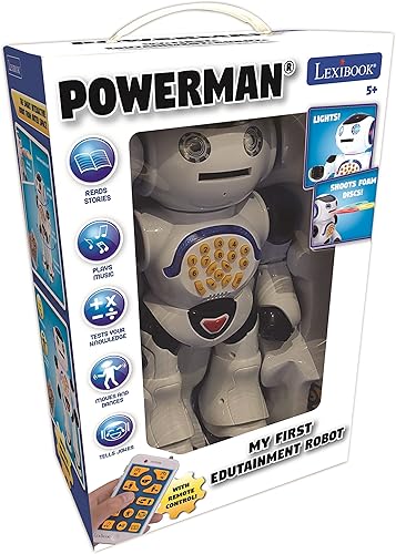 Miniatura 2 de LEXIBOOK Powerman - Robot de juguete que habla y camina con control remoto, baila, canta, lee historias, prueba de matemáticas, discos de disparo y