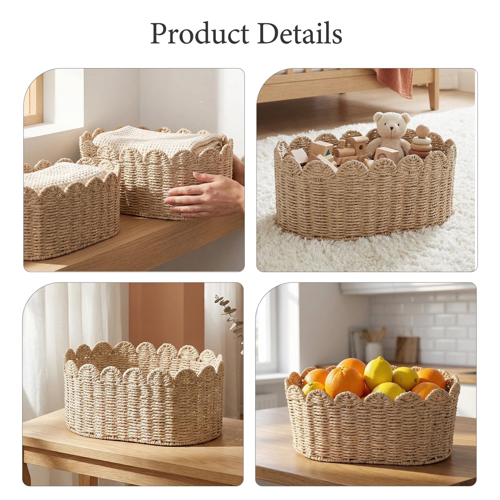 Cestas de Almacenamiento de Cuerda de Papel Trenzada Rectangulares 2piezas | Beige, Borde Festoneado, Hierro Integrado, Organización Versátil para Salón y Decoración del Hogar