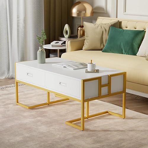 Cozy Castle Mesa auxiliar rectangular blanca de 425 pulgadas con cajones de almacenamiento mesa moderna para sala de estar con base dorada mesa