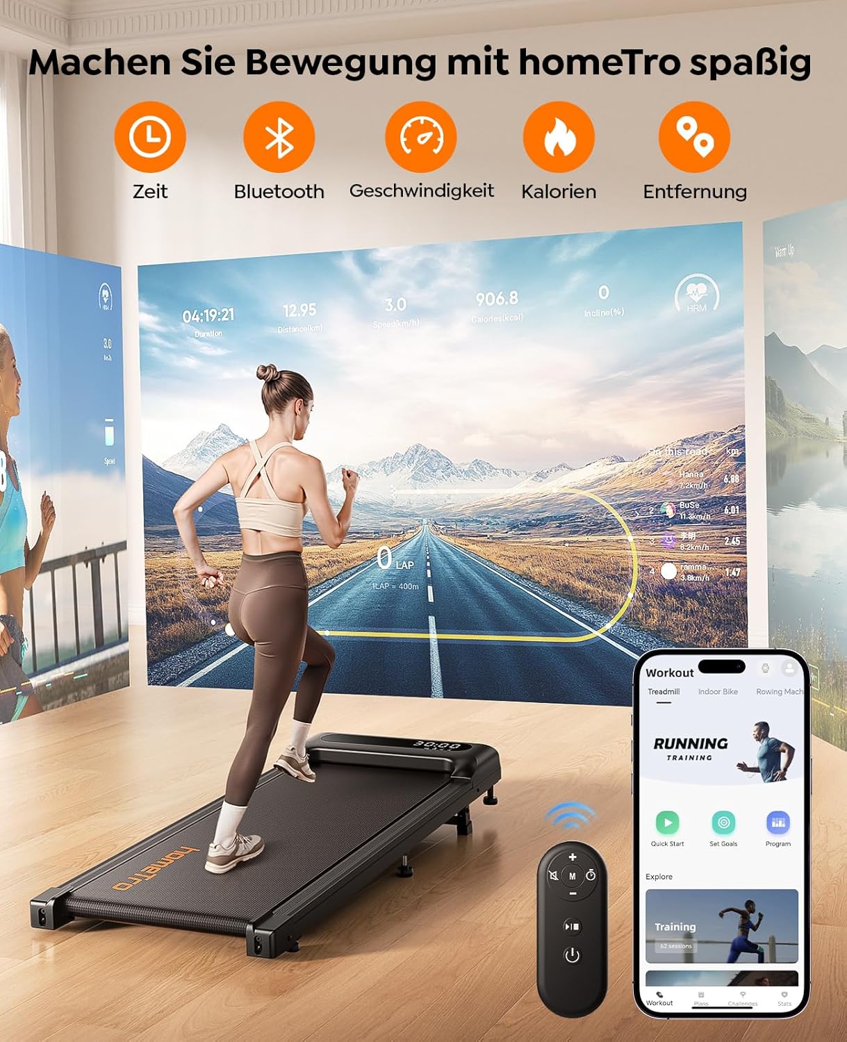 HomeTro Walking Pad display showing time, Bluetooth, speed, calories, and distance, with a smartphone app interface.