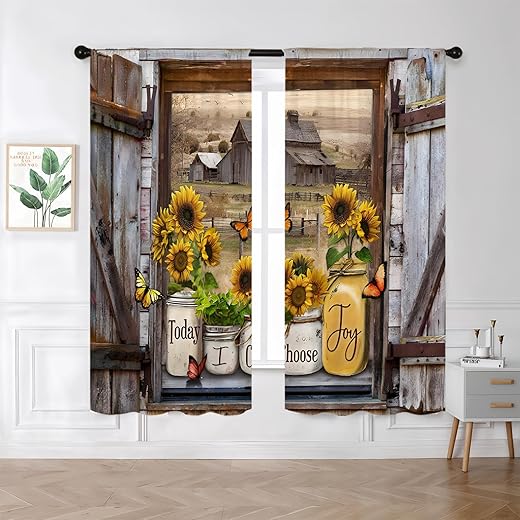 Famiffty Brown Farmhouse Floral Vintage Daisy Country Curtains Rod Pocket Rustic Vintage Inspirational Cottage Style Window Treatment Drapes Living Room Bedroom Home Decor(42W X 63L Inches 2 Panels)